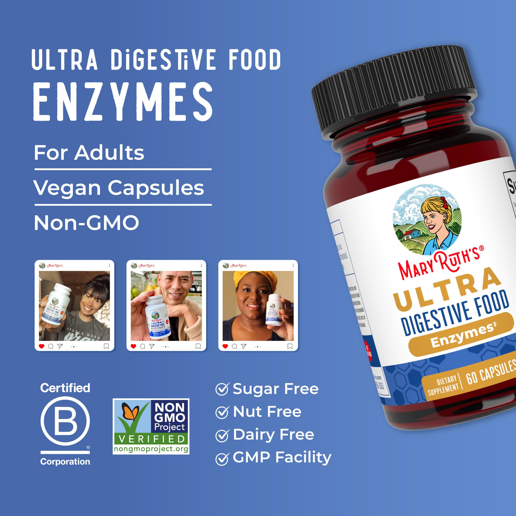 MARYRUTH'S Ultra Digestive Enzymes, Gut Health Supplement, 60 Count, Lipase | Gut Health Supplement, Digestion & Immune Support, Occasional Gas & Bloating Relief, 12+ Enzymes
