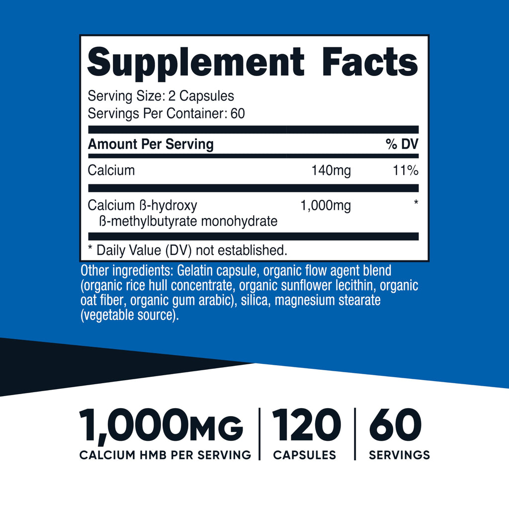 Nutricost HMB (Beta-Hydroxy Beta-Methylbutyrate) 1000mg, 120 Capsules | 500mg Per Capsule, 60 Servings - Gluten Free and GMO-Free