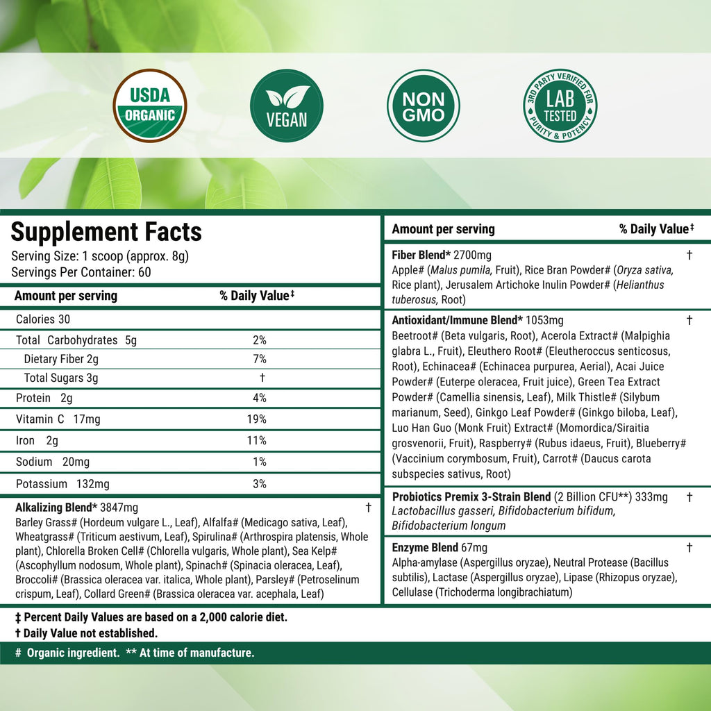 Nested Naturals Super Greens Daily Superfood Powder - Certified USDA Organic Green Powder w/Whole Foods, Spirulina Powder, Wheat & Barley Grass - Probiotics, Fiber & Enzymes - Original, 60 Servings