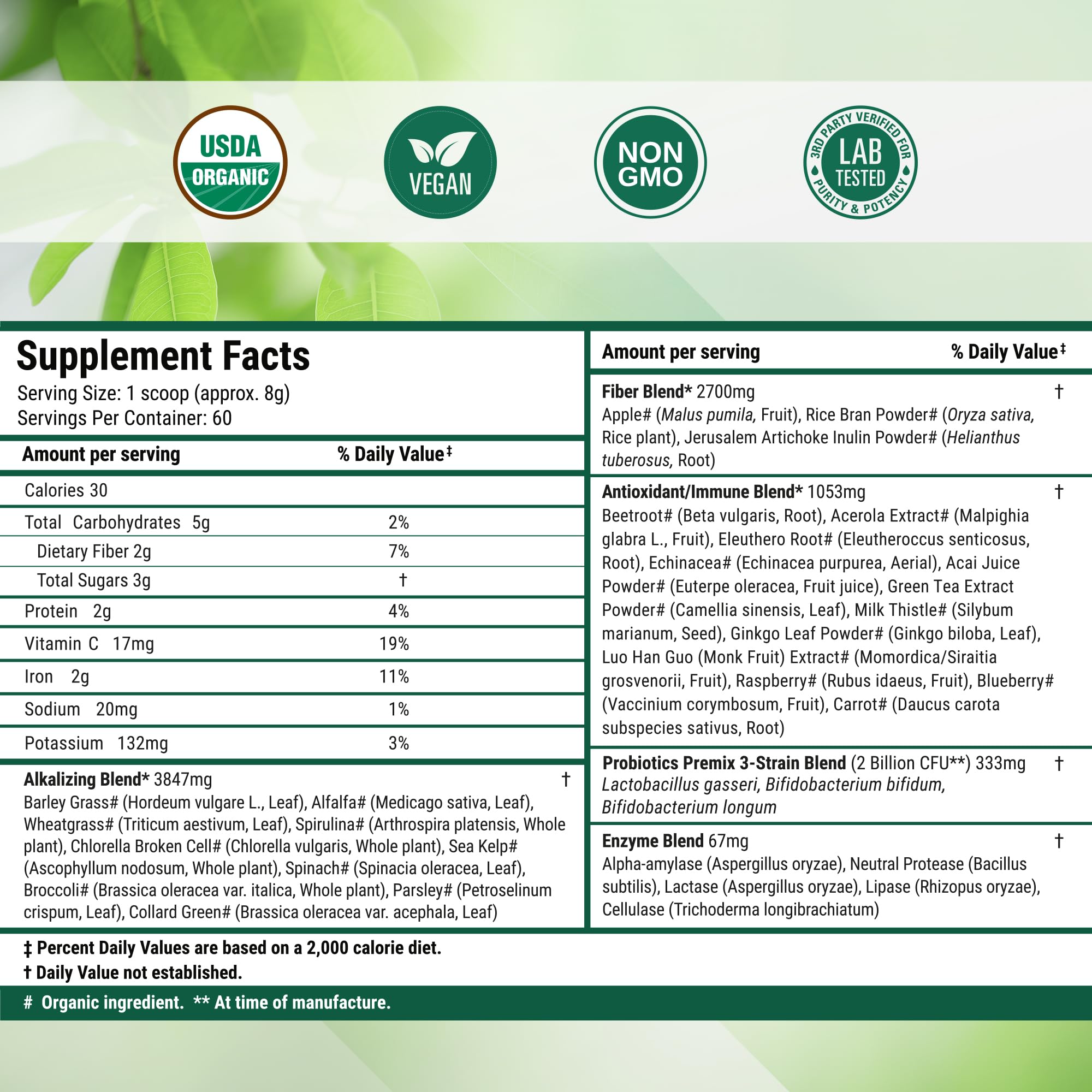 Nested Naturals Super Greens Daily Superfood Powder - Certified USDA Organic Green Powder w/Whole Foods, Spirulina Powder, Wheat & Barley Grass - Probiotics, Fiber & Enzymes - Original, 60 Servings