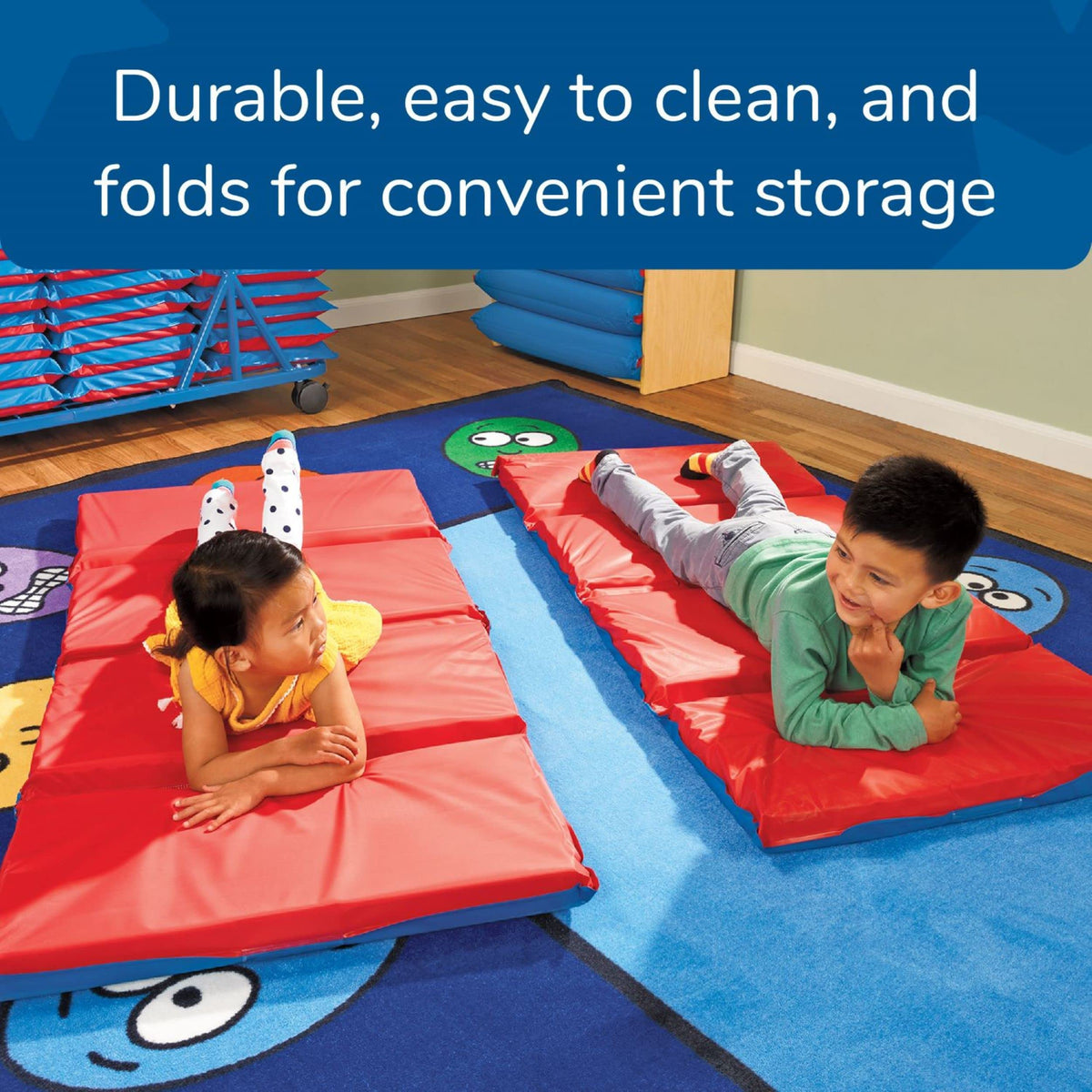 Children's Factory Angels 2 Inch Thick Toddler Nap Mat, Red and Blue, 4 Section Waterproof, for Preschools and Daycares