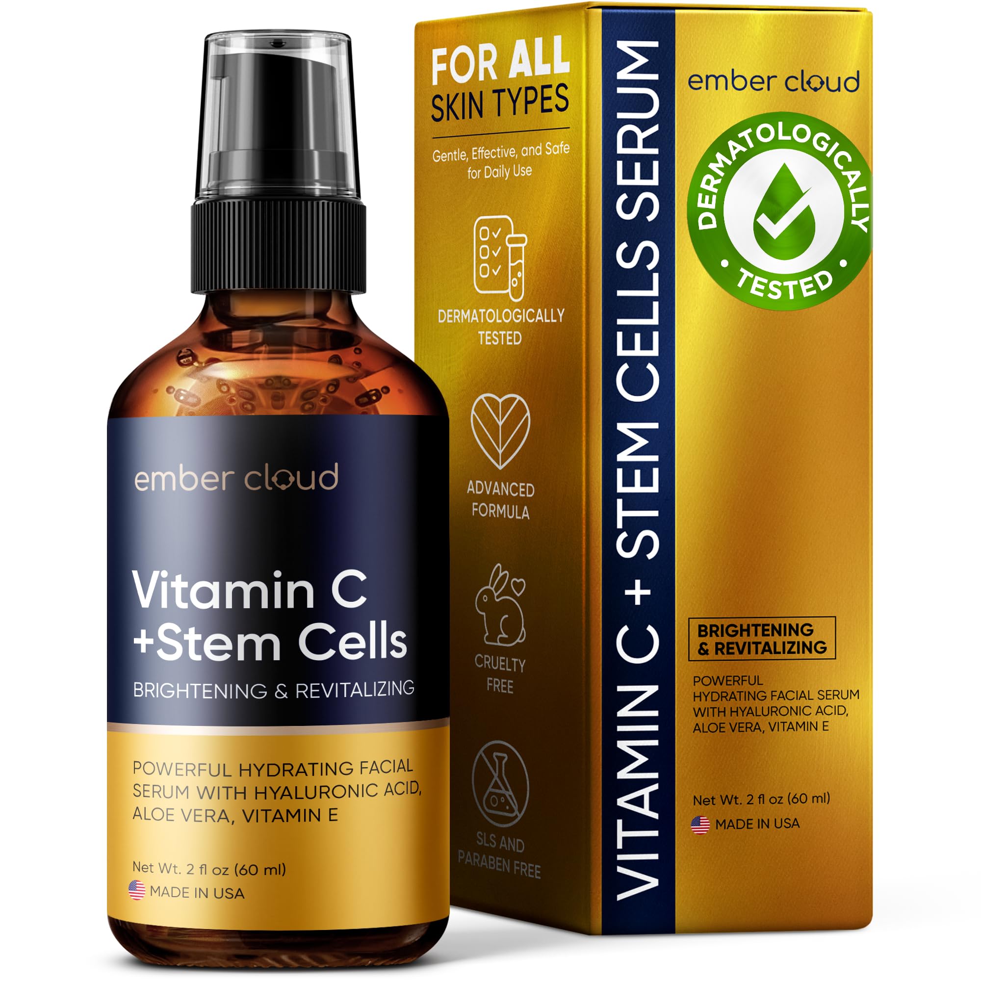 Vitamin C Serum for Face with Stem Cells & Hyaluronic Acid 8 Oz | Anti-Aging, Brightening, Hydrating Face Serum for All Skin Types, Cruelty Free, Made in USA, with Aloe Vera & Vitamin E