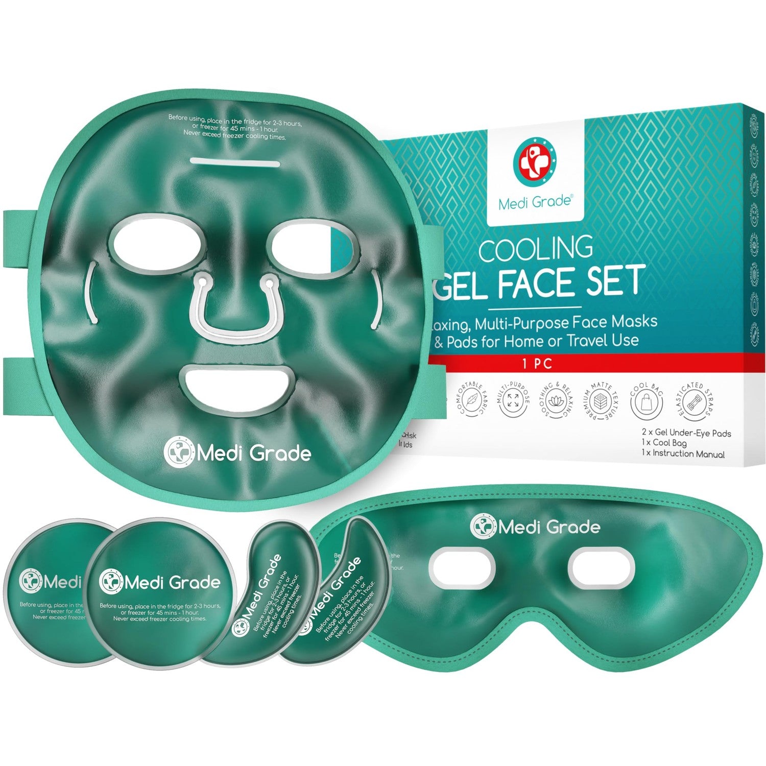 Medi Grade Face Ice Pack and Cooling Eye Mask Set, ChillGel Gel Mask Duo | Ice face mask and gel eye mask soothe puffy eyes, dark circles and migraines, cooling self care with storage bag