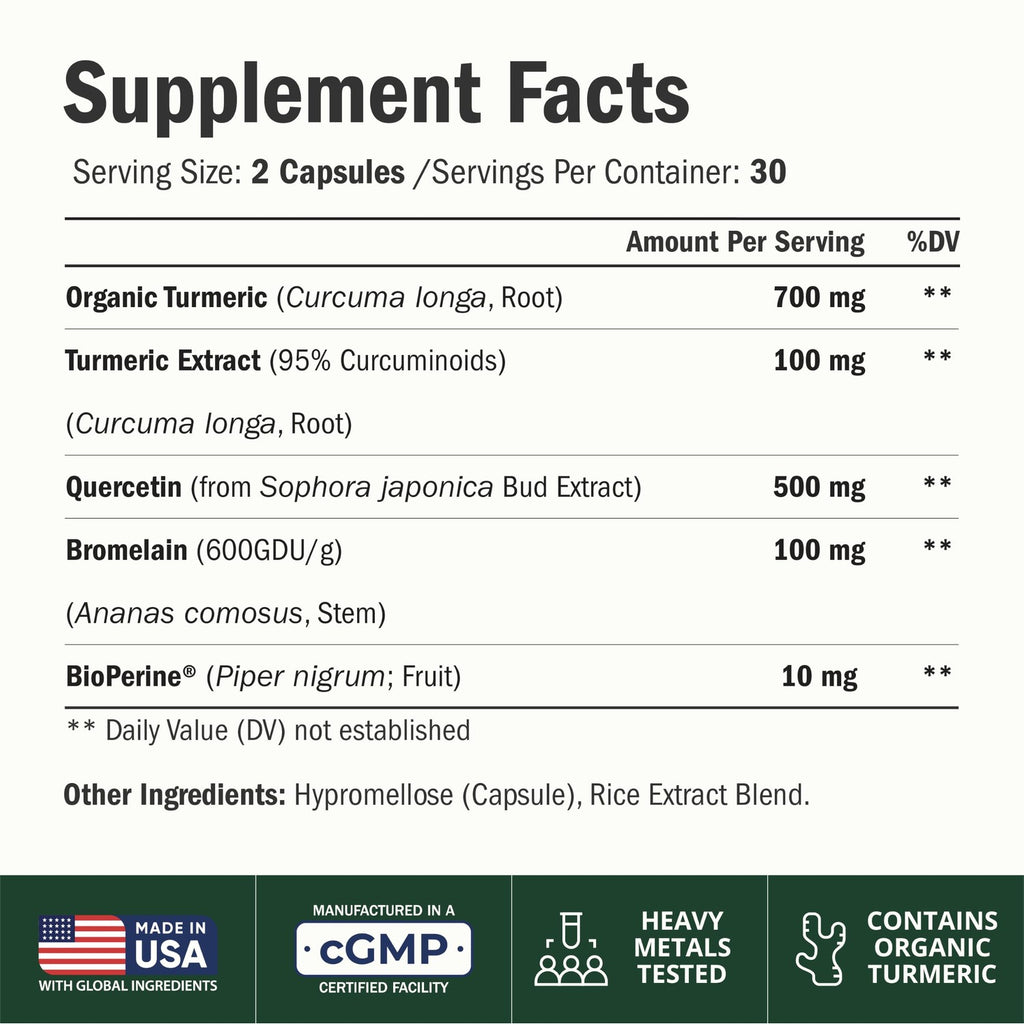 Quercetin with Bromelain Turmeric Curcumin Supplement – Triple Action: Allergy Relief, Inflammation and Joint Support with Organic Tumeric + Bioperine for Max Absorption – 60 Quercetin 500mg Capsules