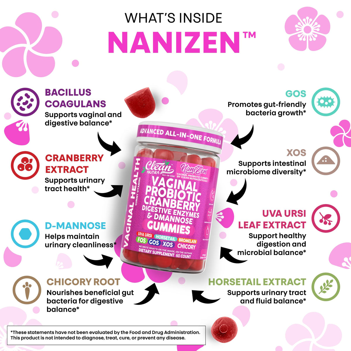 Clean Nutra Vaginal Probiotic Gummies for Women Cranberry Digestive Enzymes D Mannose Womens Probiotic Dmannose Horsetail Bromelain Chicory Fiber Feminine Care Prebiotics Inulin Papaya Enzyme Gummy