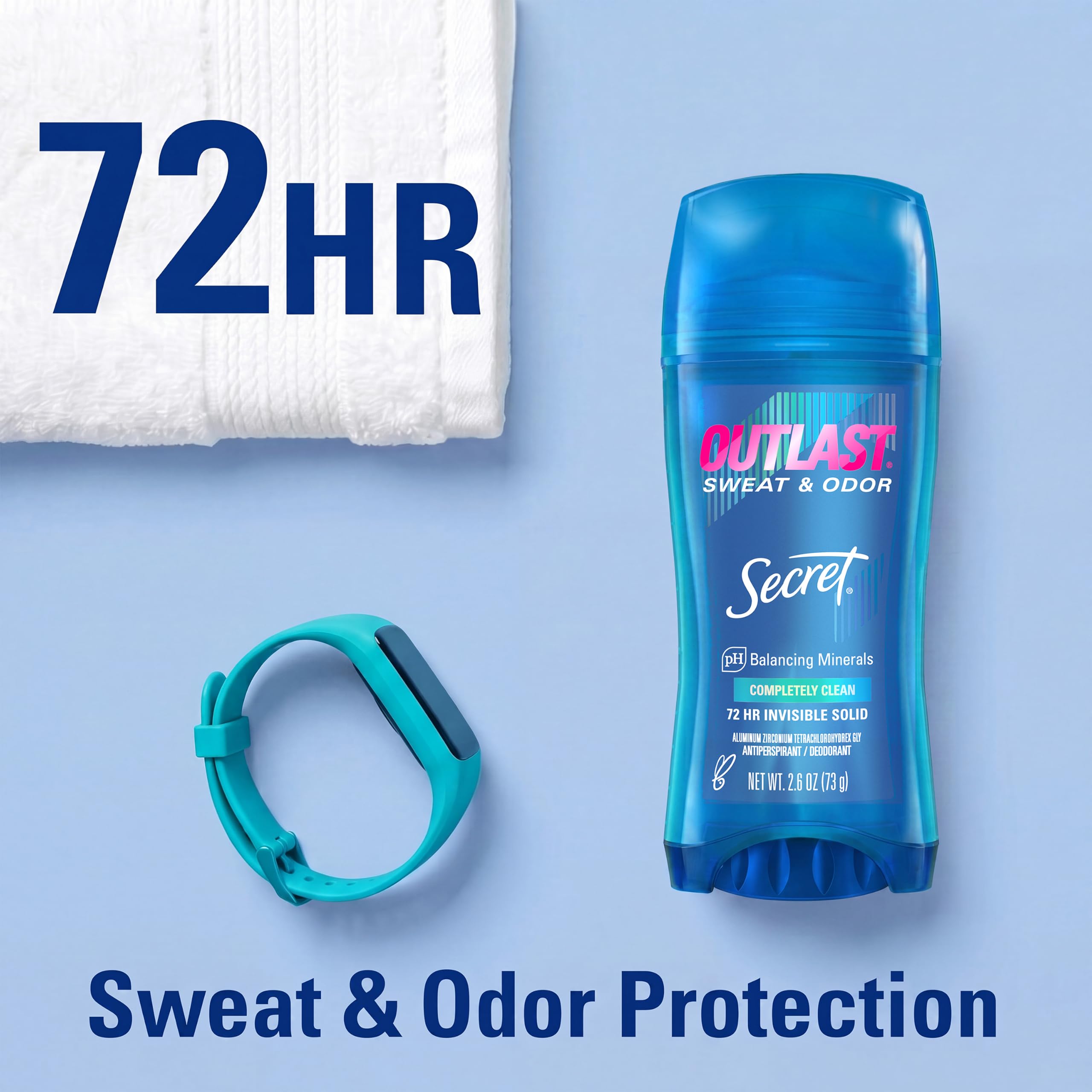 Secret Outlast Antiperspirant Deodorant for Women, 72hr Sweat & Odor Protection, PH Balancing Minerals, Invisible Solid, Completely Clean Scent, 2.6 oz (Pack of 2)