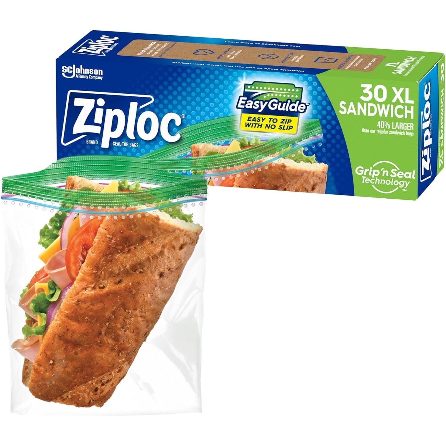 Buy now Ziploc XL Sandwich and Snack Bags with EasyGuide Texture, Plastic Storage Bags with Grip 'n Seal Technology, 90 Bags Total 30 Count at indiglob india