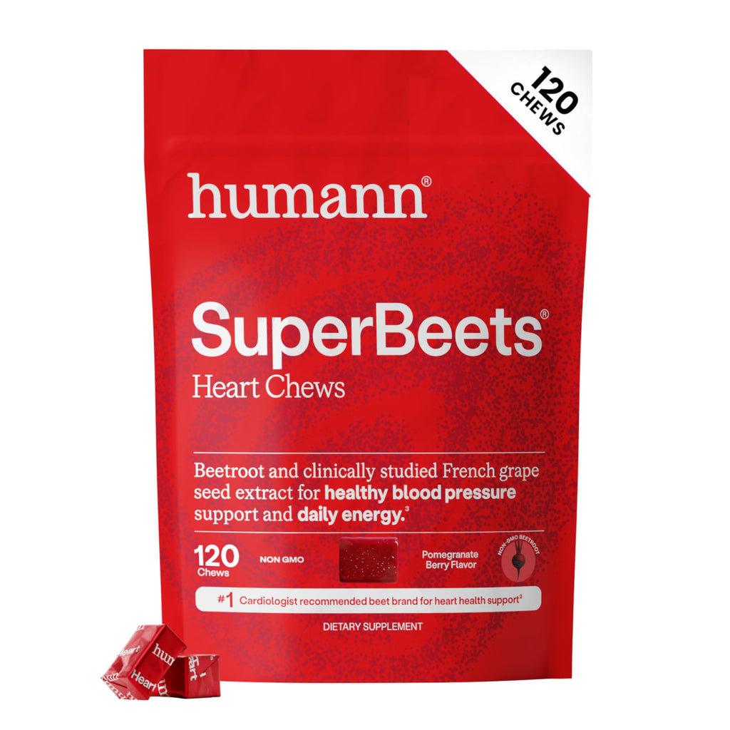HumanN SuperBeets Heart Chews, Pomegranate Berry Flavor, 180 Ct | Blood Pressure Support, Nitric Oxide, Heart Health & Energy, Beet Root Powder & Grape Seed Extract, Once Daily, Made in USA