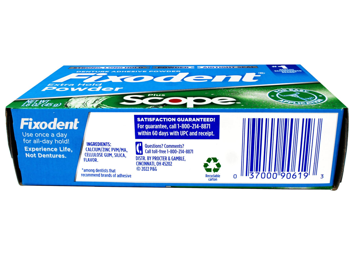 Fixodent Denture Adhesive Powder, Extra Strong, Plus Scope, Strong, Long Hold Powder, Airtight Seal, 1.6 OZ, Pack of 3