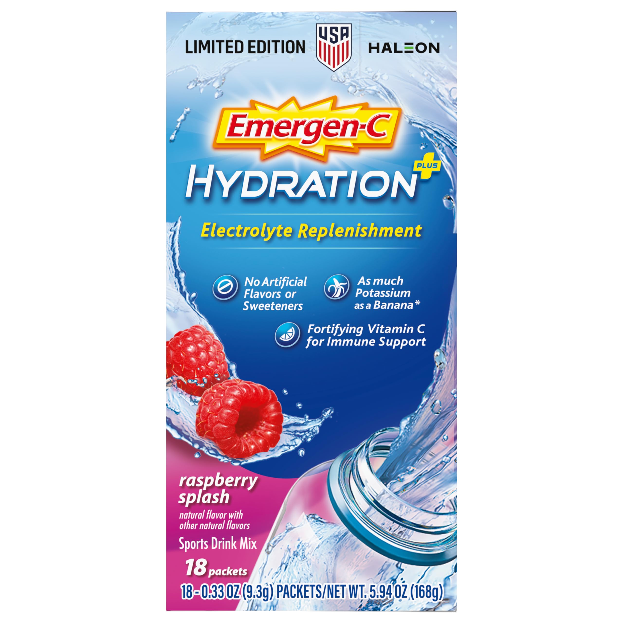 Emergen-C Hydration+ Vitamin C Sports Drink Mix, Raspberry, 18 Packets | Electrolytes for Hydration, 75% Less Sugar, Non-GMO, Vitamin C, Zinc and Manganese, Sports Formula