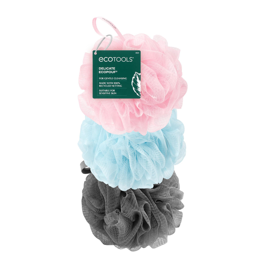 EcoTools EcoPouf 4 Pack Bath Sponge Set, Shower Poufs | Gentle exfoliation daily, shower puff sponges for body, loofah pack, recycled netting, rich lather