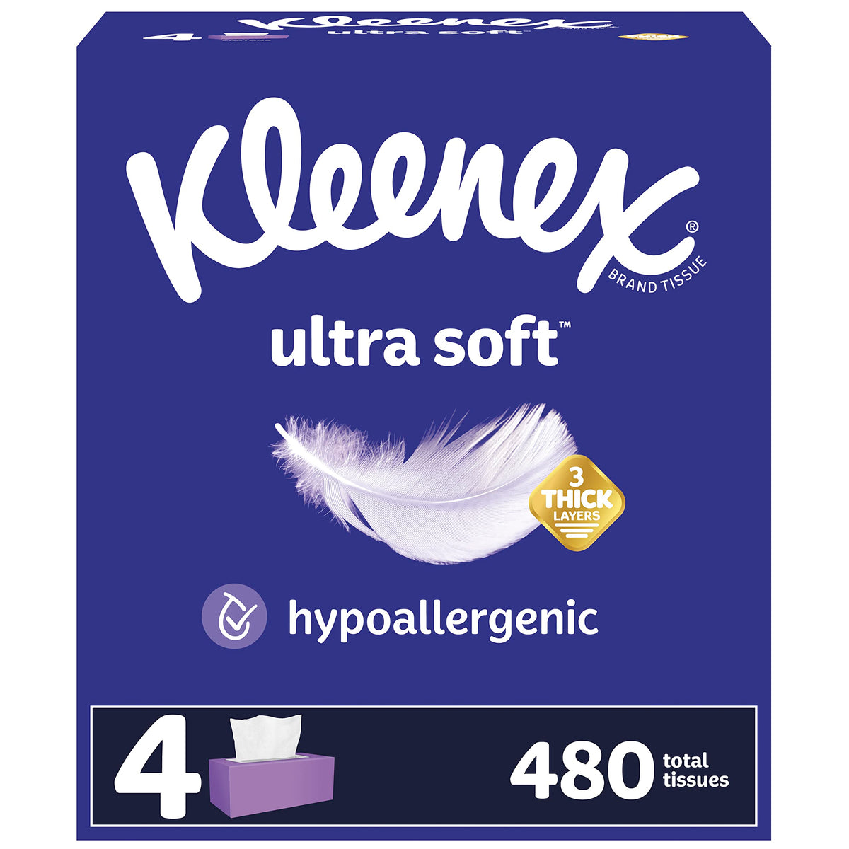 Kleenex Ultra Soft Facial Tissues, Soft Facial Tissue, 4 Flat Boxes, 120 Tissues per Box, 3-Ply (480 Total Tissues)