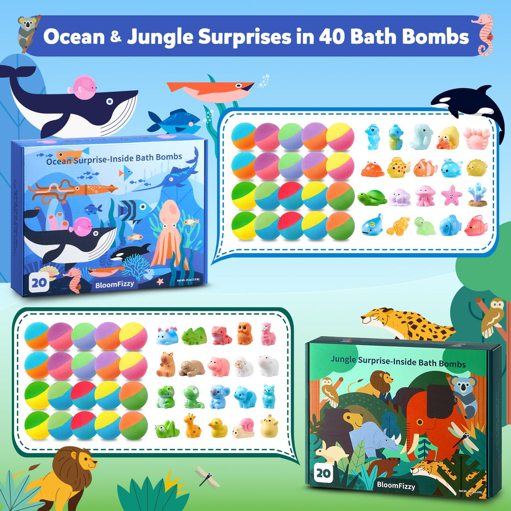 40 Kids Bath Bombs with Ocean & Jungle Animal Toys, Dual-Themed Gift Boxes