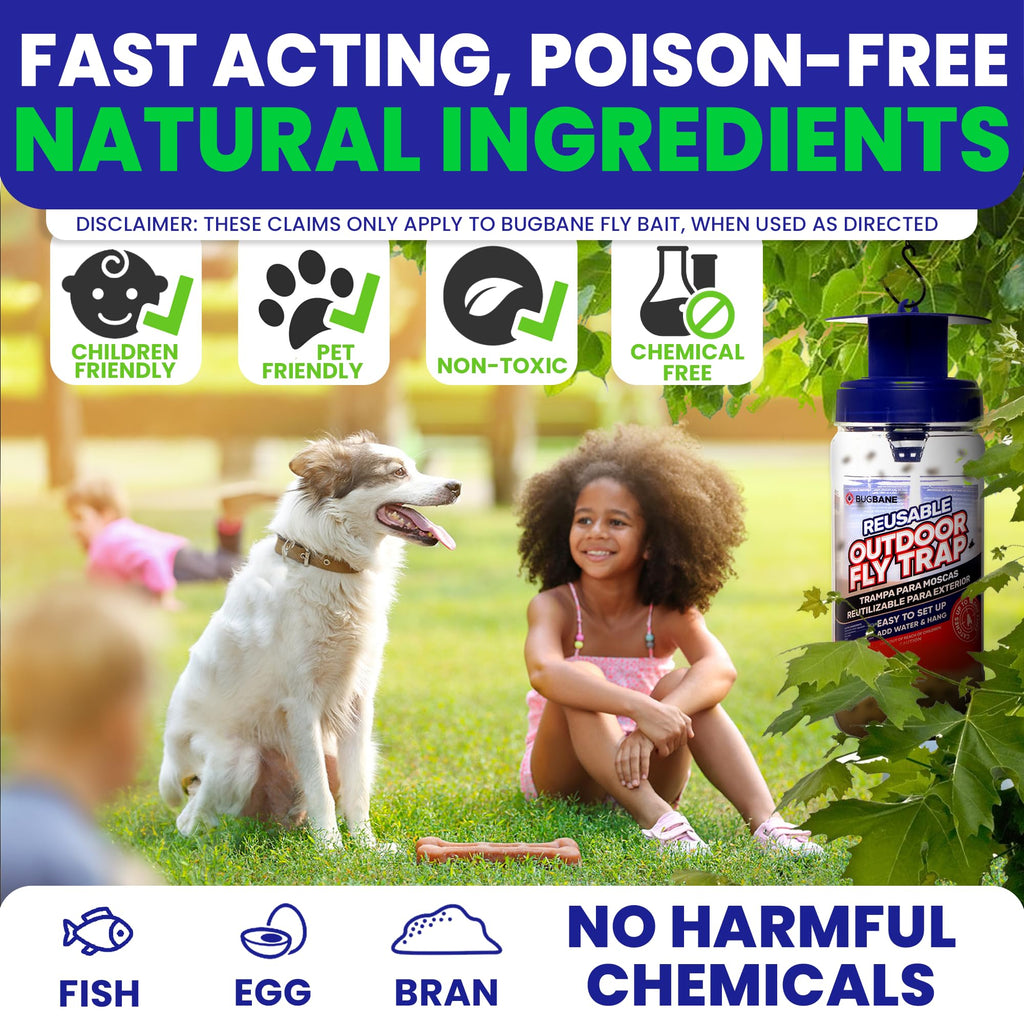 2 Fly Traps Outdoor Fly Trap for Patio with 4 Non-Toxic Dissolvable Bait Refills and 12 Sticky Ribbons. Reusable Hanging Bug Catcher Killer for All Filth Flies for Outside Bug Control Yard Ranch