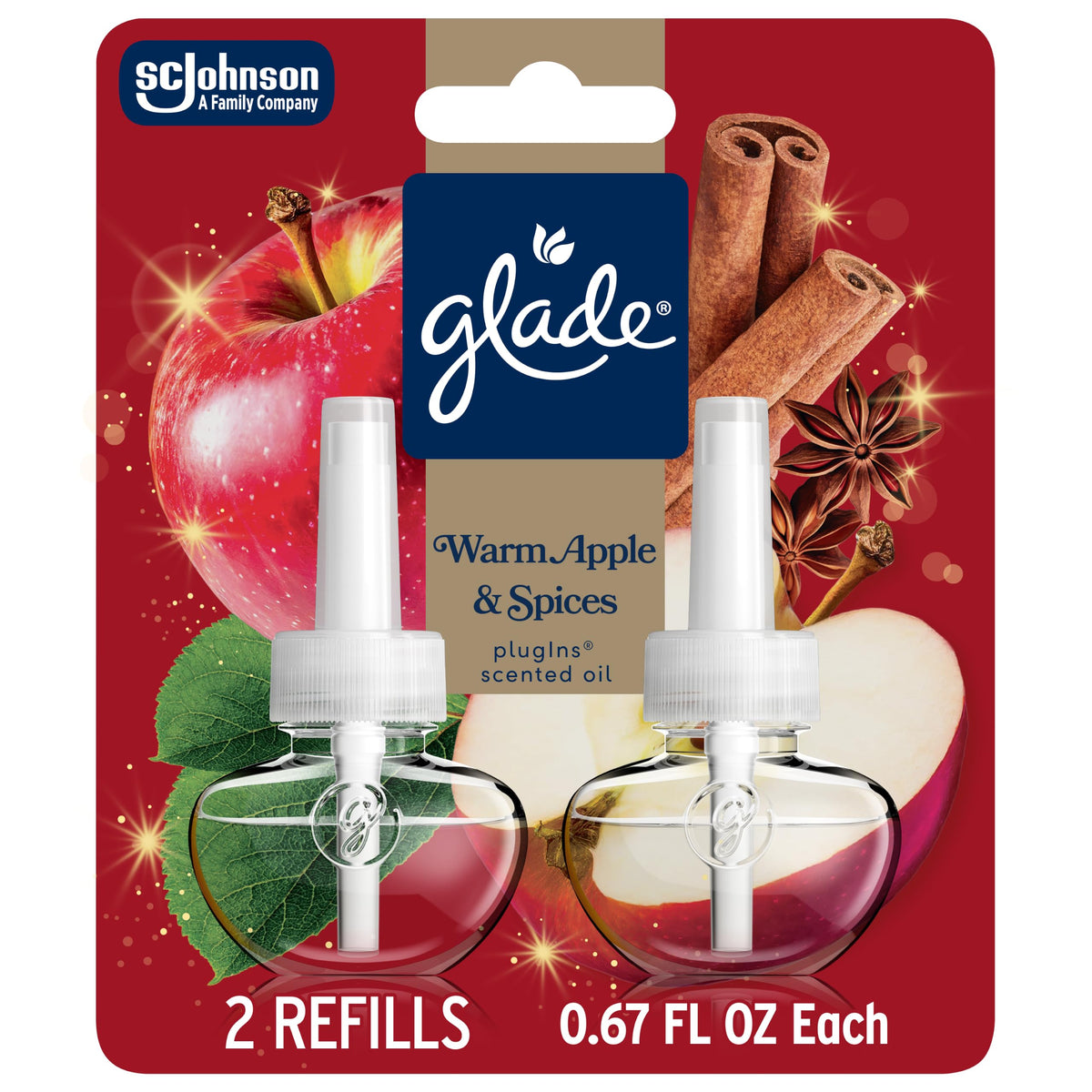 Glade PlugIns Scented Oil 2 Refills, Air Freshener, Warm Apple & Spices, 1.34 fl oz, Pack of 2
