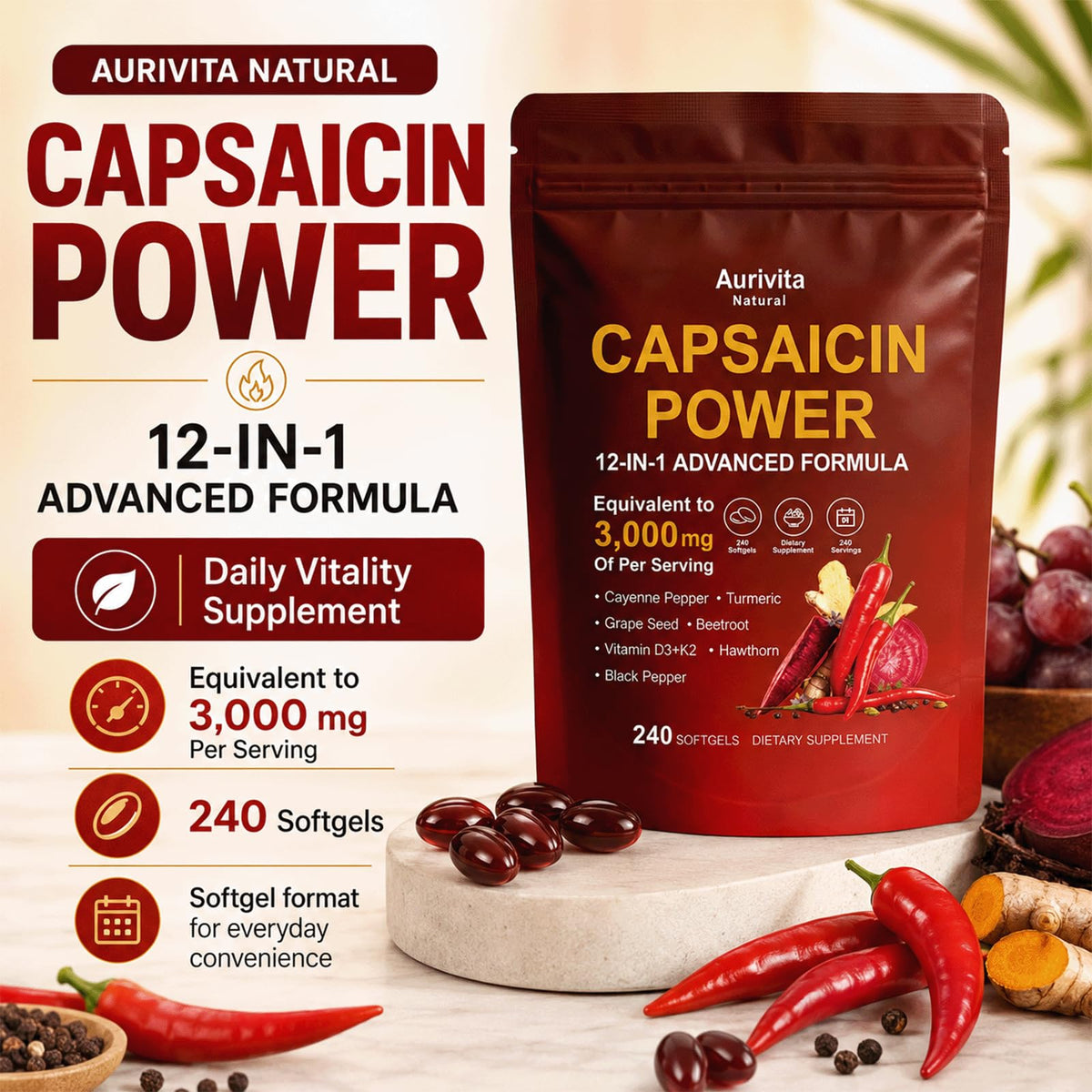 Aurivita Capsaicin Softgels - 240 Softgels(1, PCS)