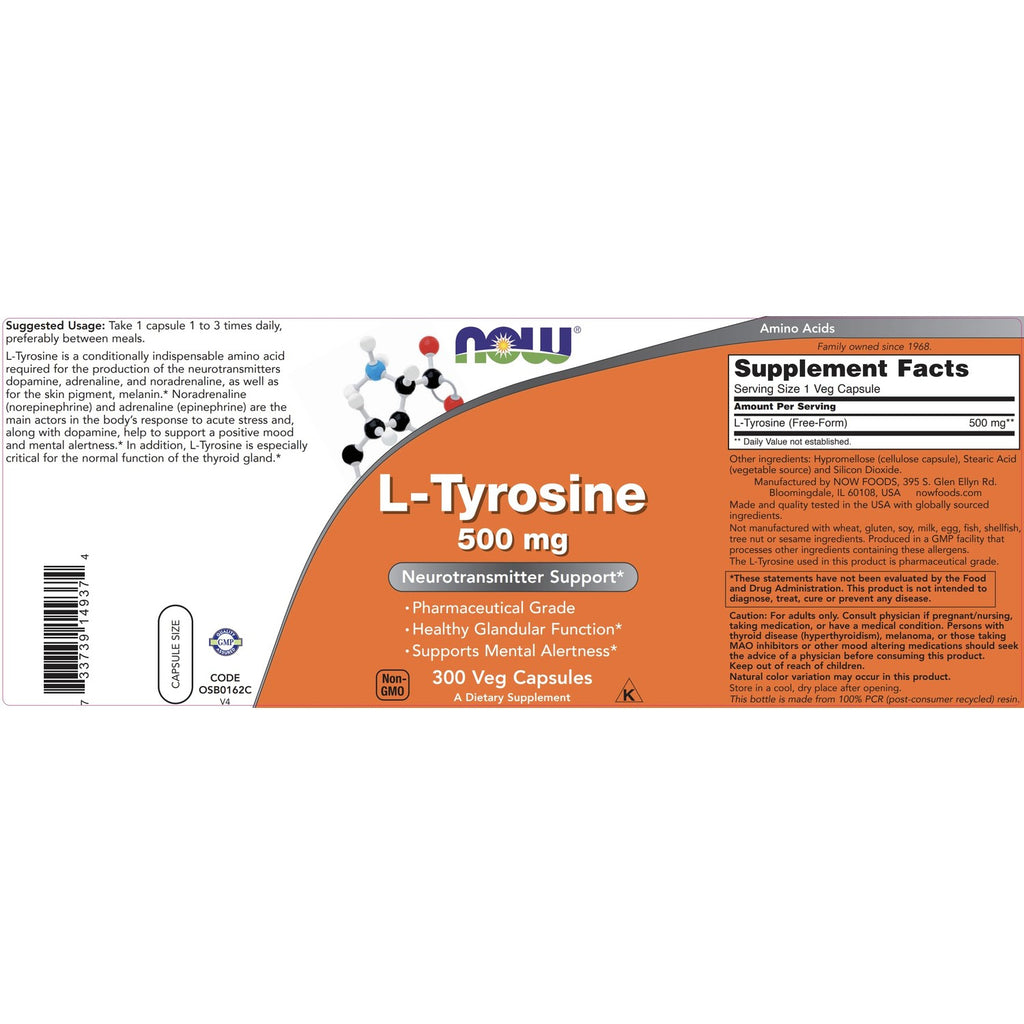 Buy now Now Foods L-Tyrosine 500mg, 300 Capsules - Non GMO - Supports Mental Alertness - 500 mg Caps - Free Form Supplement at indiglob india