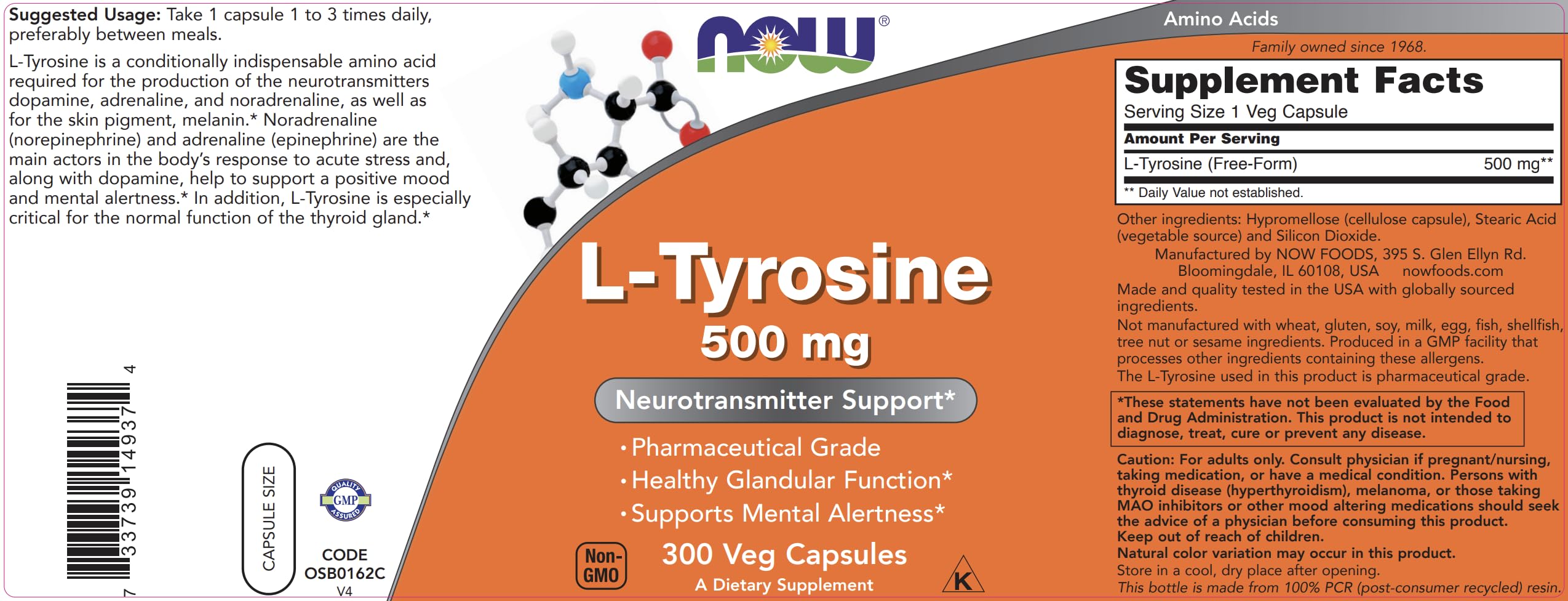 Buy now Now Foods L-Tyrosine 500mg, 300 Capsules - Non GMO - Supports Mental Alertness - 500 mg Caps - Free Form Supplement at indiglob india