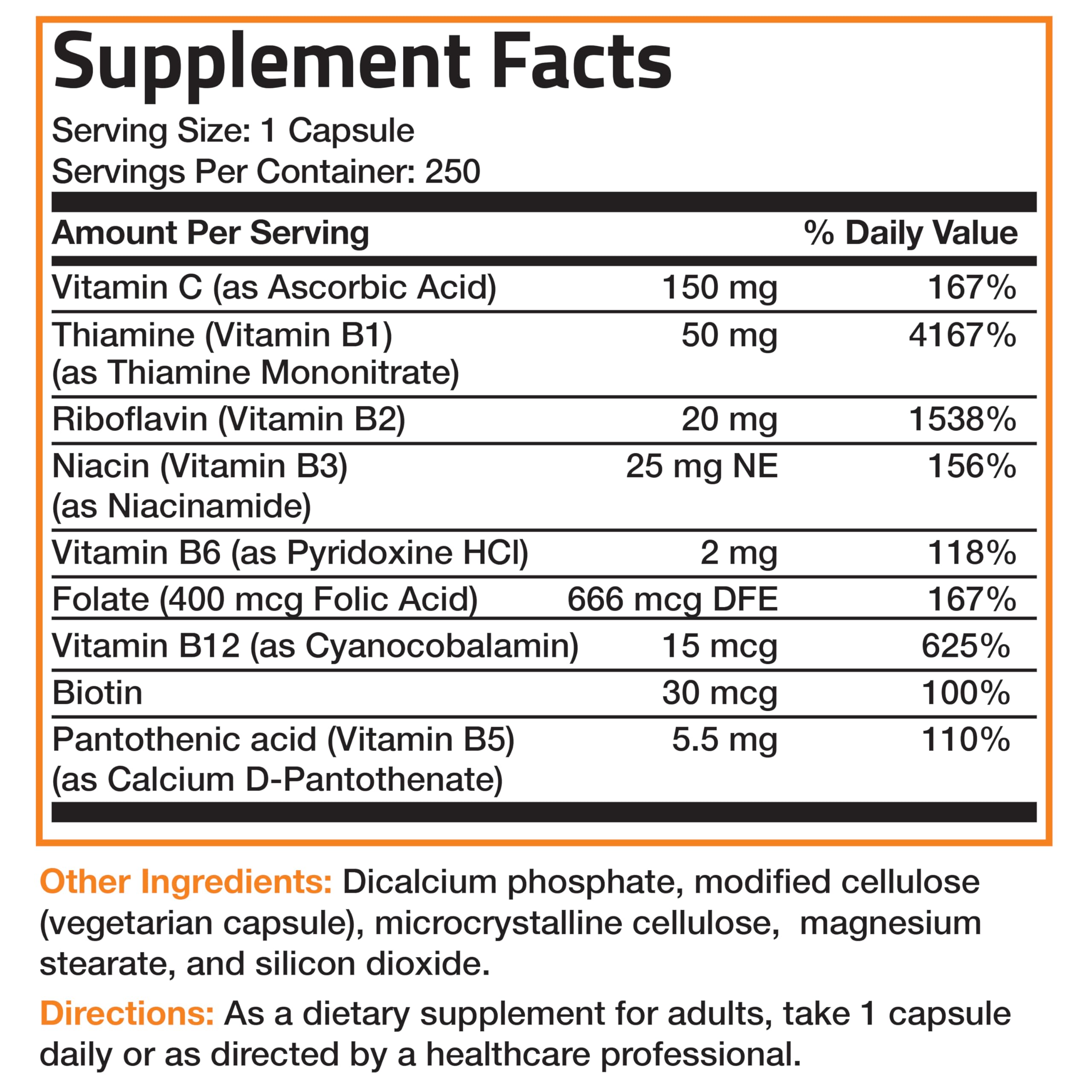 Bronson Vitamin B Complex with Vitamin C Vegetarian Capsules, 250 Count | Immune Health, Energy Support, Nervous System Support, Non-GMO, Soy-Free, Gluten-Free, Contains All B Vitamins