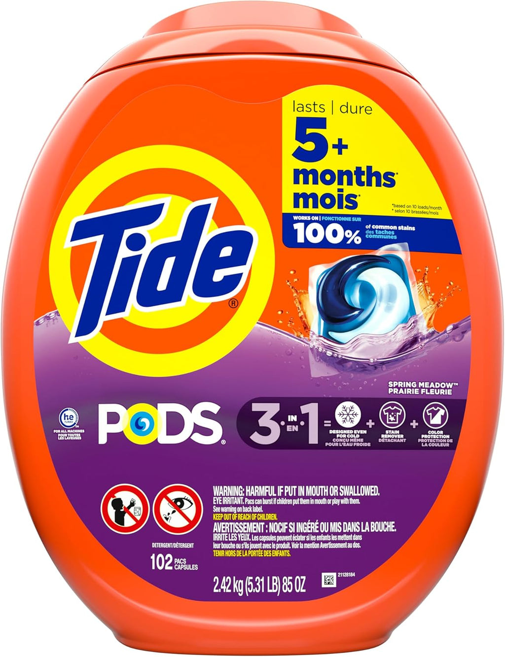 Buy now Tide PODS laundry detergent pacs, 3-in-1 Stain Remover, Odor Fighter, Color Protector, 102 Count, HE compatible, Spring Meadow Scent at indiglob india
