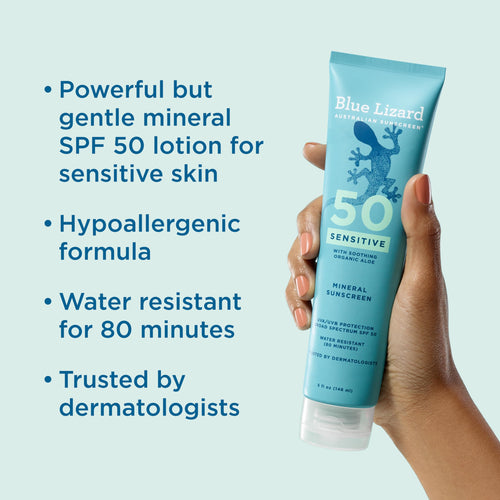 Buy now Blue Lizard Sensitive Mineral SPF 50 Sunscreen Lotion, 100% Mineral Sunscreen, UVA/UVB Protection, Infused with organic Aloe Vera, Soothes and Hydrates, 5 fl oz | with Zinc Oxide, 50+, Water Resistant, UVAUVB Protection, Sensitve at indiglob india