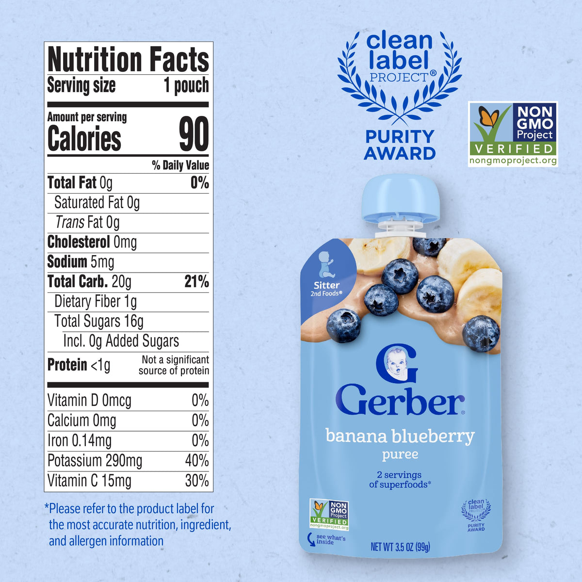 Gerber Stage 2 Baby Food, Banana Blueberry Puree Pouch, 2 Servings of Fruit, No Added Sweetener, No Artificial Colors or Flavors, 12-Pack