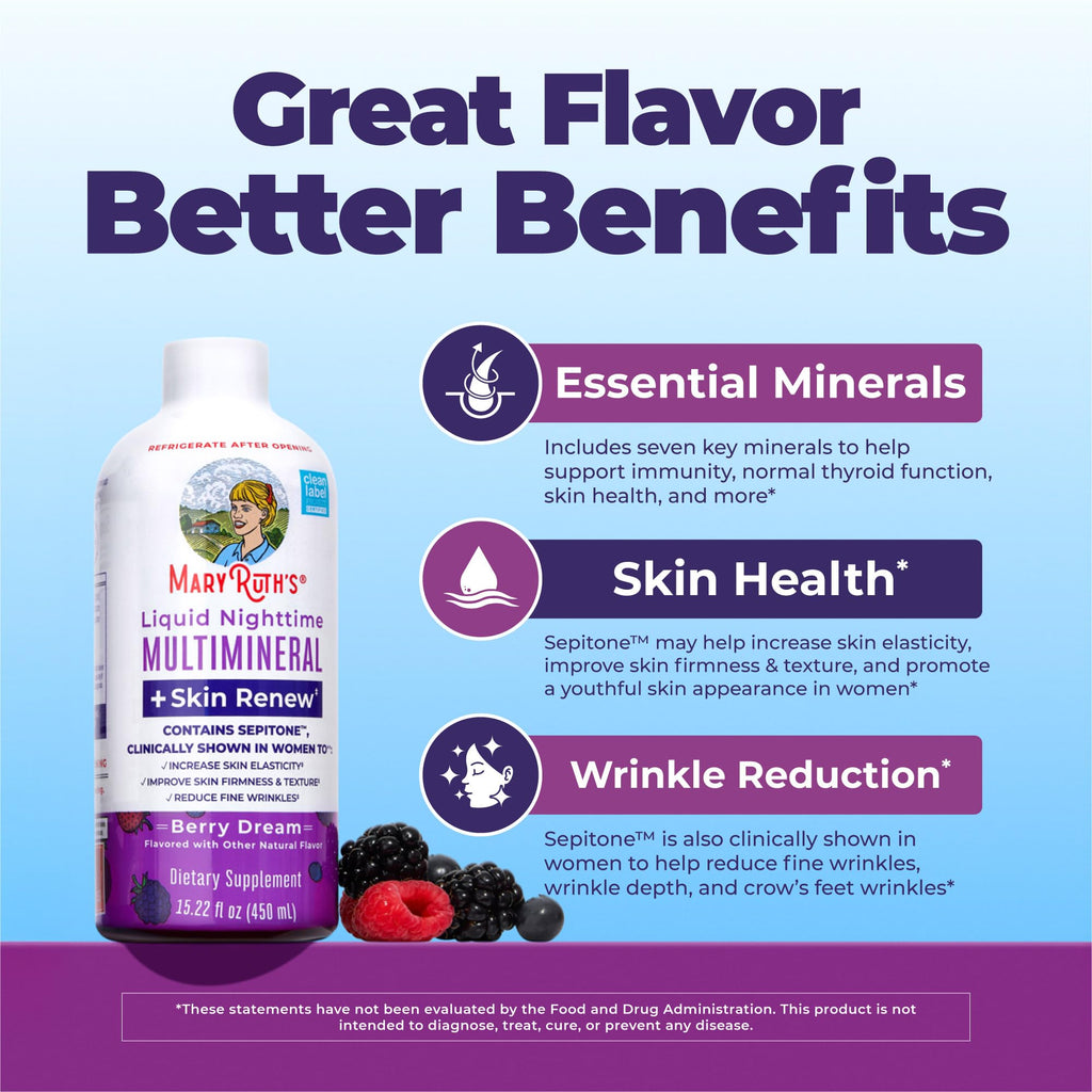MaryRuth's Liquid Nighttime Liquid Multimineral + Skin Renew | Clinically Shown in Women to Reduce Fine Wrinkle & Improve Skin Firmness | Sepitone | NO Melatonin | Magnesium | Vegan | 15 Servings