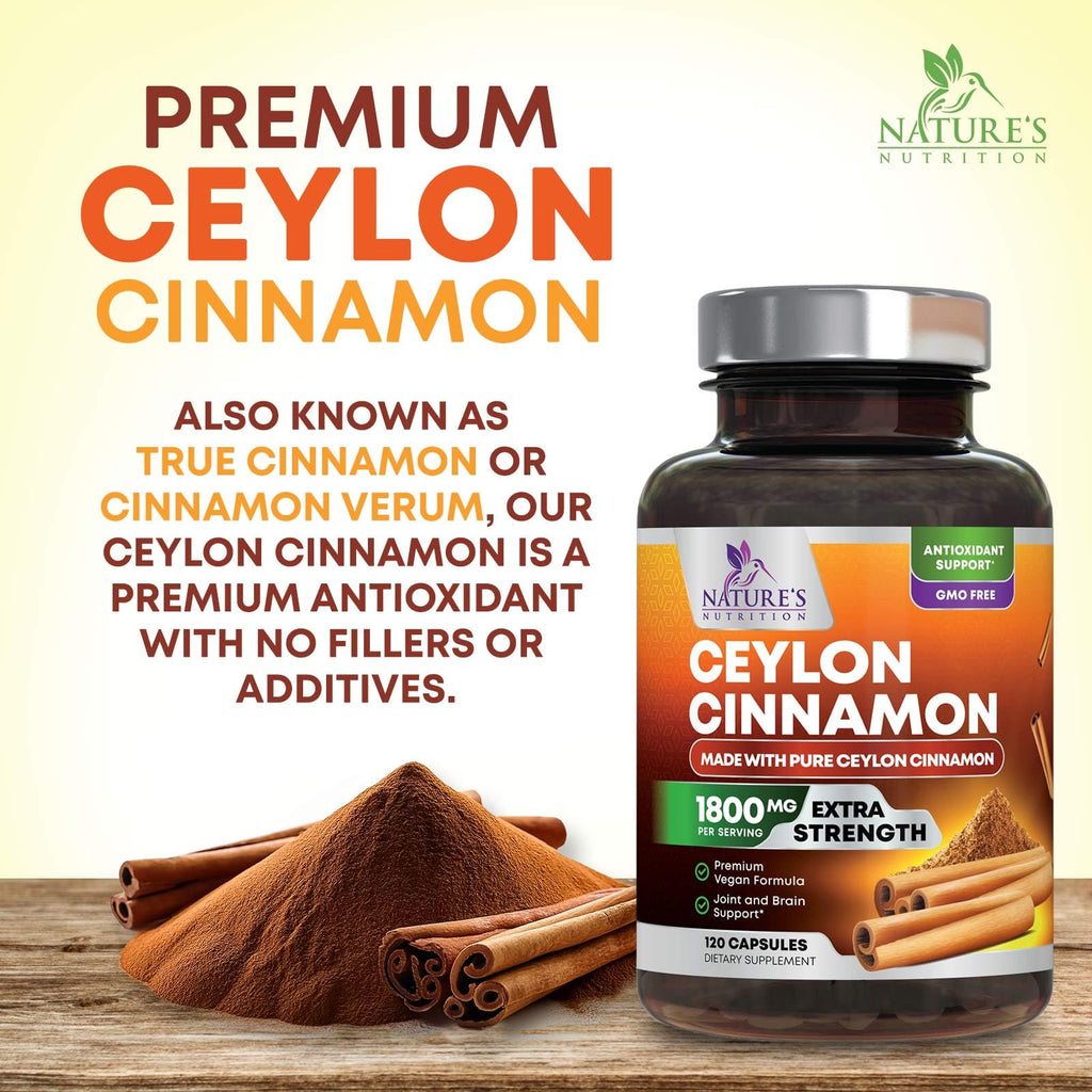 Organic Ceylon Cinnamon Capsules - Extra Strength Certified Organic Ceylon Cinnamon Supplement 1800mg Per Serving - Energy & Heart Support Antioxidant Pill for Women & Men, Bottled USA - 120 Capsules