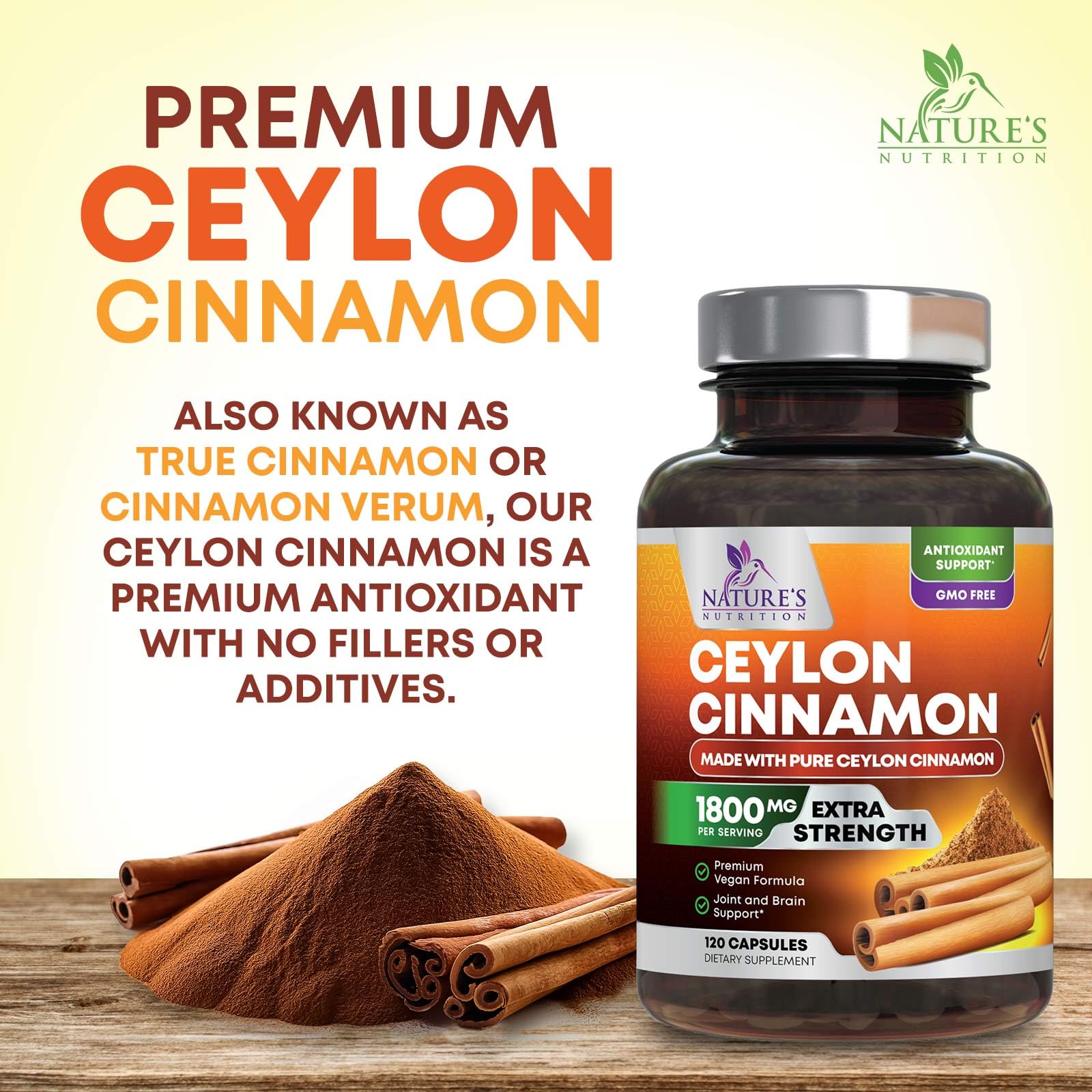 Organic Ceylon Cinnamon Capsules - Extra Strength Certified Organic Ceylon Cinnamon Supplement 1800mg Per Serving - Energy & Heart Support Antioxidant Pill for Women & Men, Bottled USA - 120 Capsules