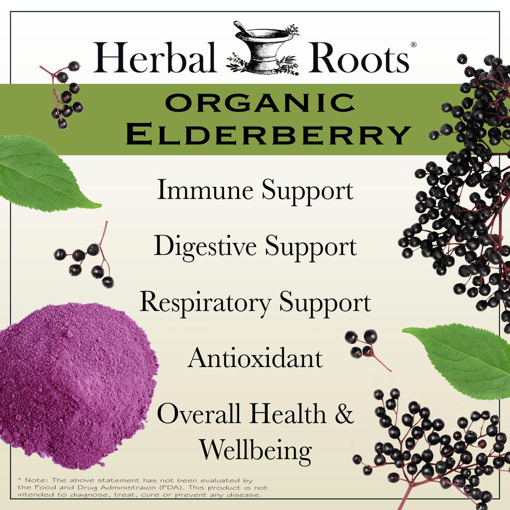 Herbal Roots Organic Black Elderberry Capsules - Max Strength - USDA Certified Organic - Immune Support - 60 Vegan Capsules