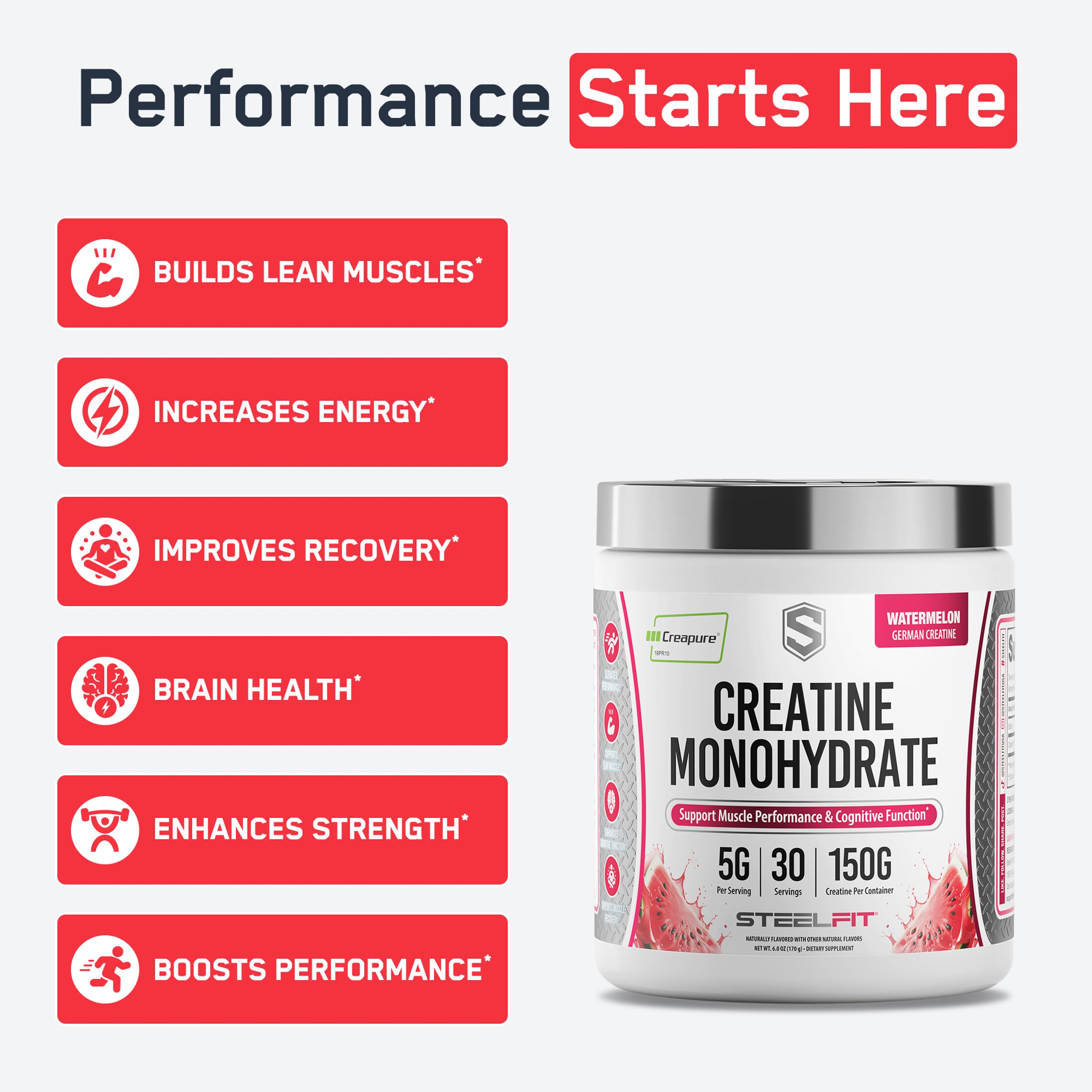 SteelFit Creapure Pure Creatine Monohydrate Powder, Watermelon, 30 Servings | Flavored Creatine Gym Workout Supplements for Lean Muscle Gain, Brain Health, & Strength Building - For Men & Women