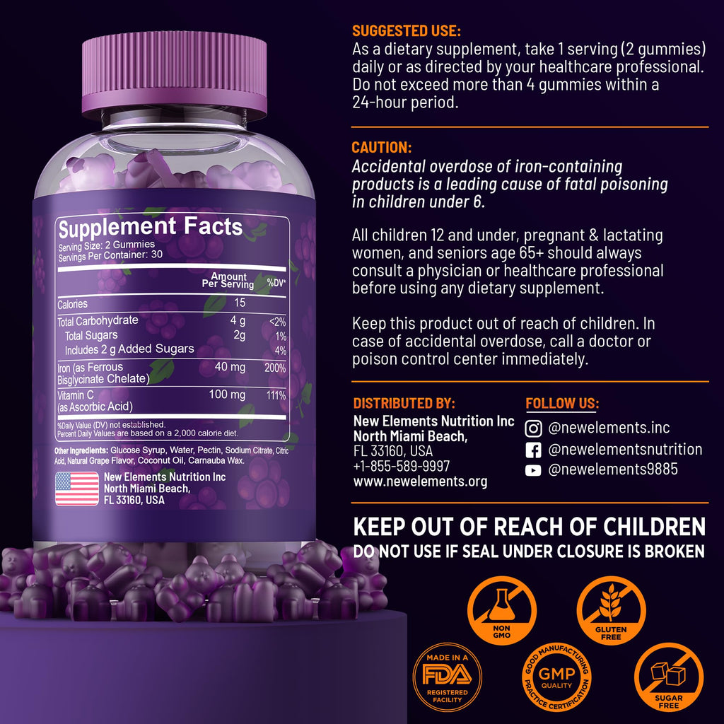 New Elements Iron Gummies 40mg with Vitamin C 100mg – Best Iron Supplement for Women, Men & Adults – Free Blood Builder for Anemia – Immune Support & Energy Booster | Fruit Pectin | Vegan | Non-GMO