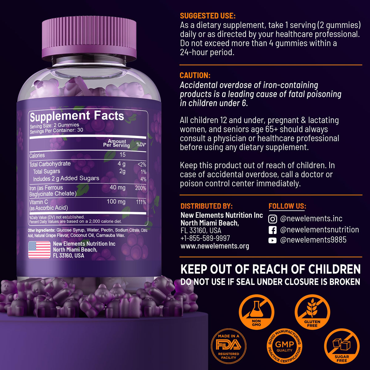 New Elements Iron Gummies 40mg with Vitamin C 100mg – Best Iron Supplement for Women, Men & Adults – Free Blood Builder for Anemia – Immune Support & Energy Booster | Fruit Pectin | Vegan | Non-GMO