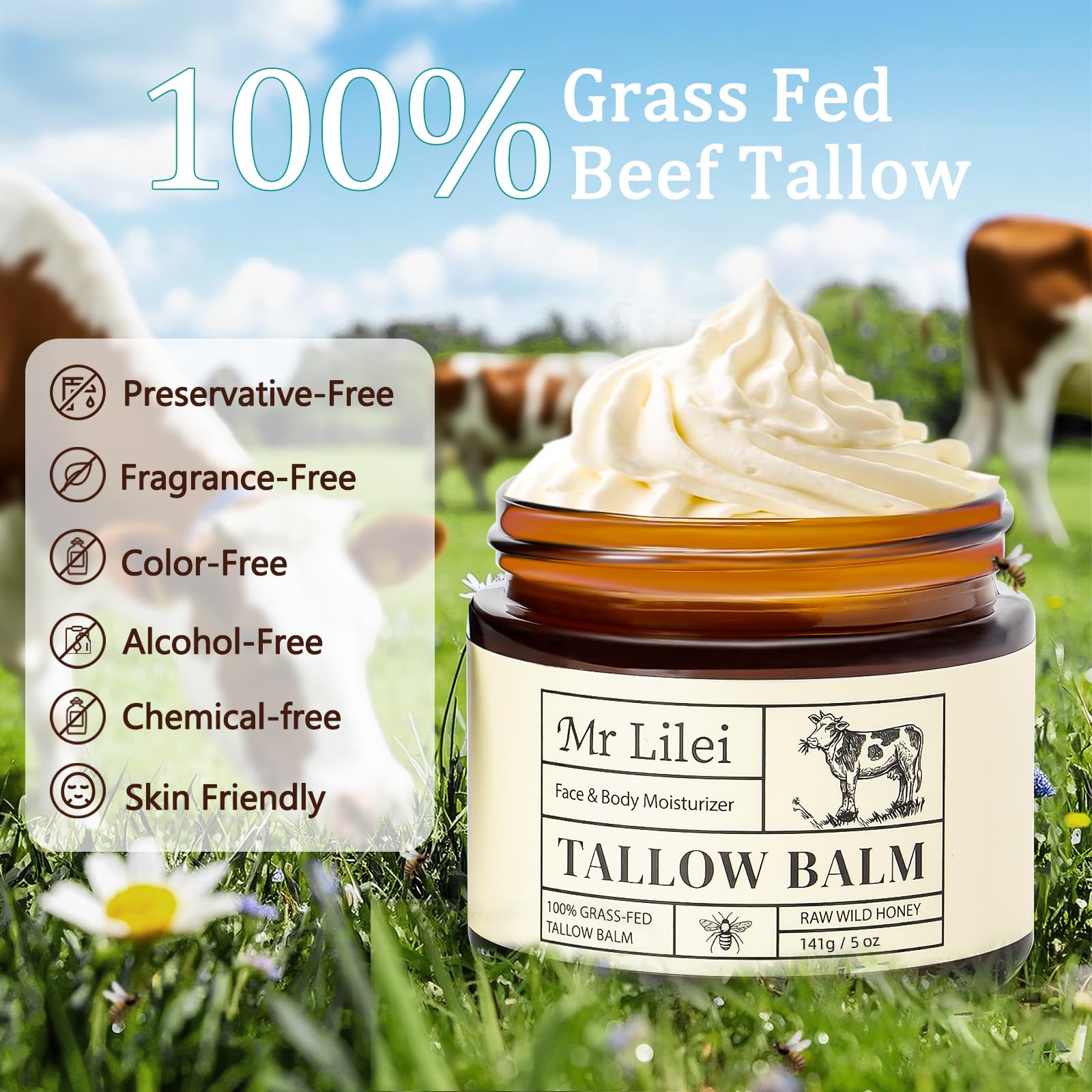 Beef Tallow for Skin - 100% Grass Fed Whipped Tallow and Honey Balm - Unscented, Non-Greasy Daily Face Moisturizer & Body Butter for Dry Sensitive Skin (5oz)
