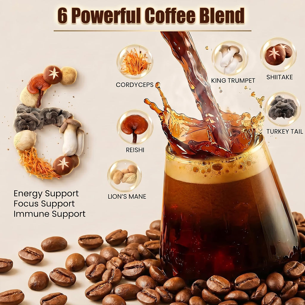 Mushroom Coffee, 2000mg Organic Instant Coffee with 6 Adaptogenic Mushrooms (Lion’s Mane & Turkey Tail), with MCT Oil & Coconut, for Focus, Energy, Digestion & Immune Support, 30 Servings
