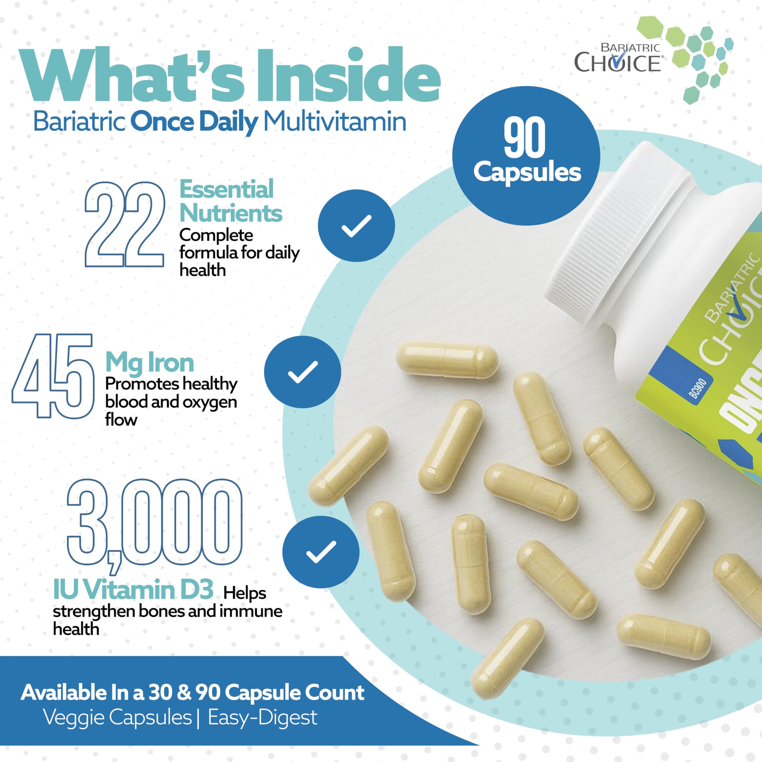 Bariatric Choice Once Daily Bariatric Multivitamin with Iron 45mg, 3 Months | 3-Mo Supply, Once Daily Easy-to-Swallow Capsule for Gastric Bypass & Sleeve Patients – High Potency Vitamins A, D, B12, More