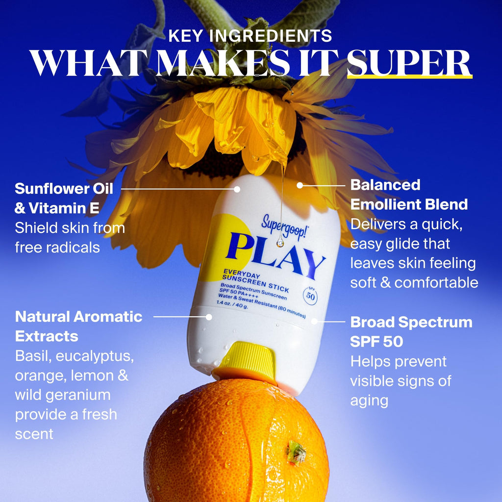 Buy now Supergoop! PLAY Everyday Sunscreen Stick SPF 50 - Lightweight, Non-Greasy Formula - Natural Finish - Fragrance Free - Water & Sweat Resistant - All Skin Types - 1.4 fl oz at indiglob india