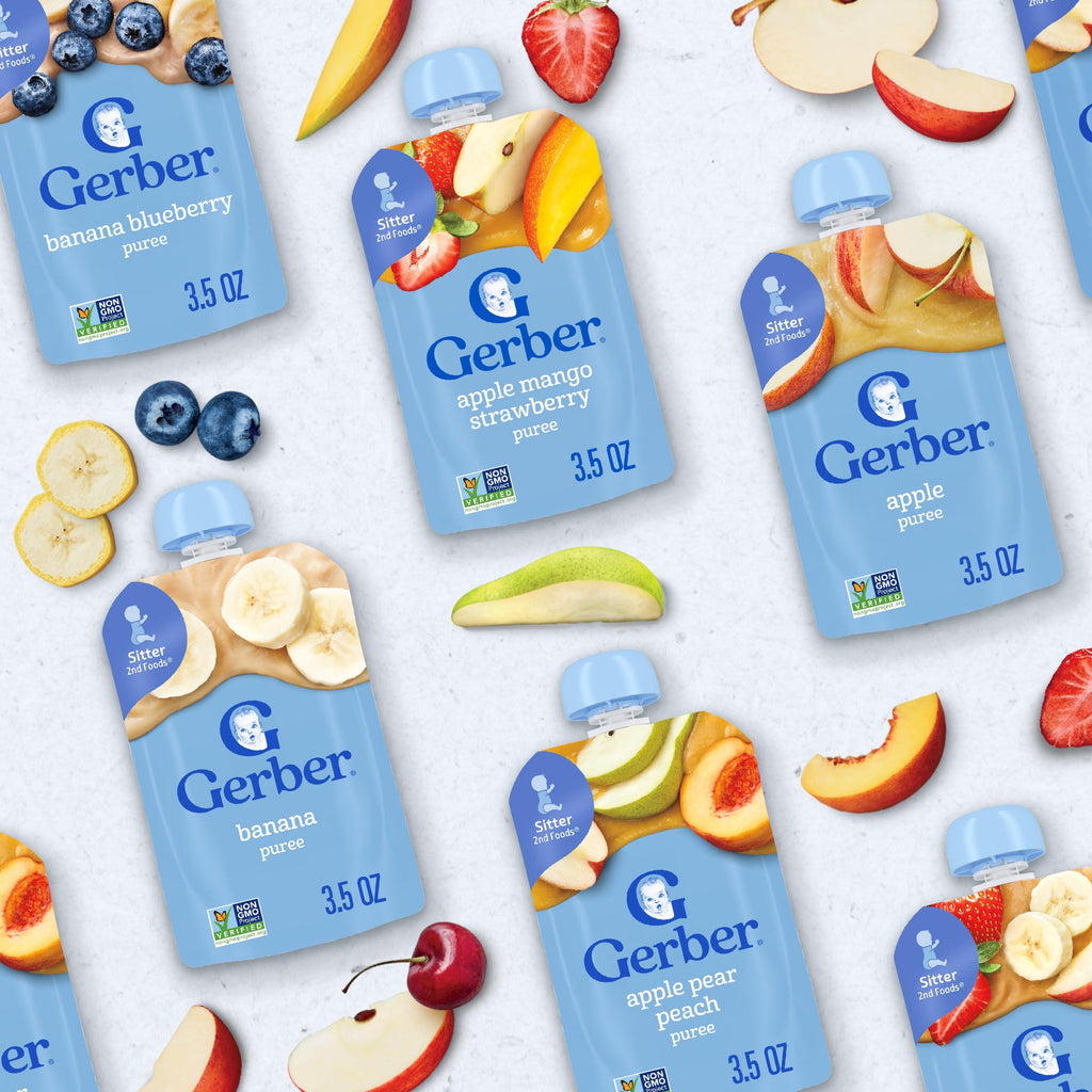 Gerber Stage 2 Baby Food, Banana Blueberry Puree Pouch, 2 Servings of Fruit, No Added Sweetener, No Artificial Colors or Flavors, 12-Pack