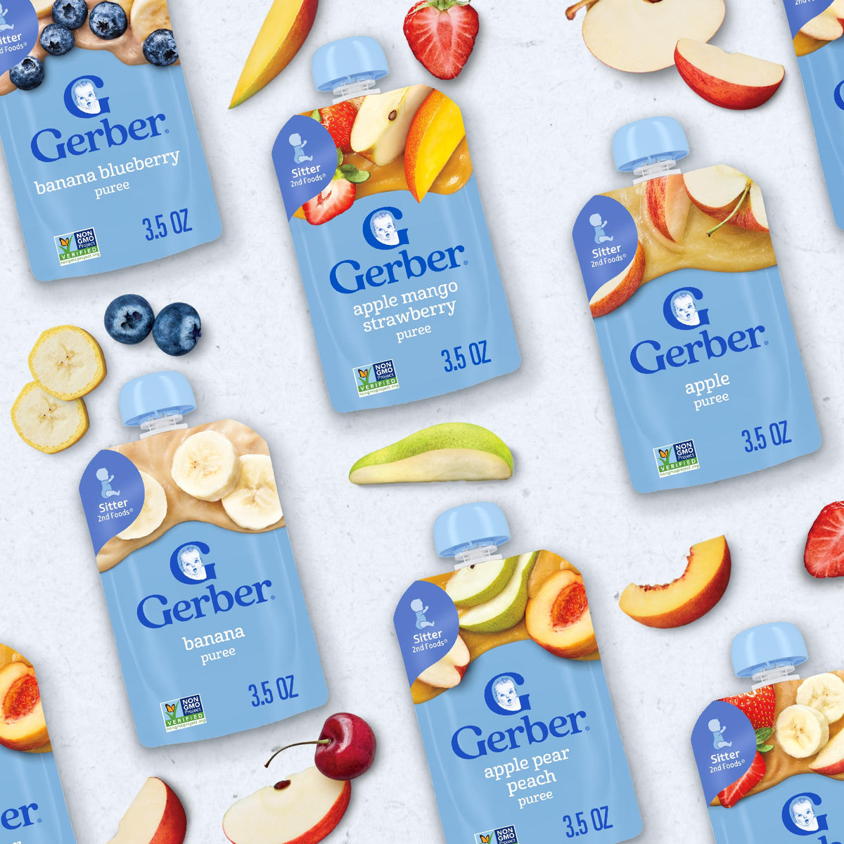 Gerber Stage 2 Baby Food, Banana Blueberry Puree Pouch, 2 Servings of Fruit, No Added Sweetener, No Artificial Colors or Flavors, 12-Pack