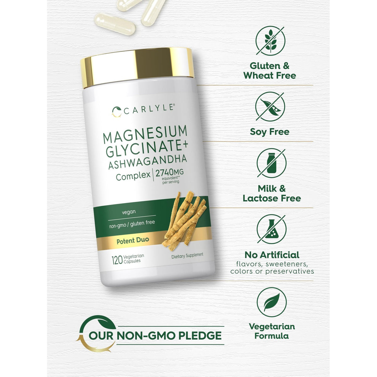 Carlyle Magnesium Glycinate with Ashwagandha | 120 Vegetarian Capsules