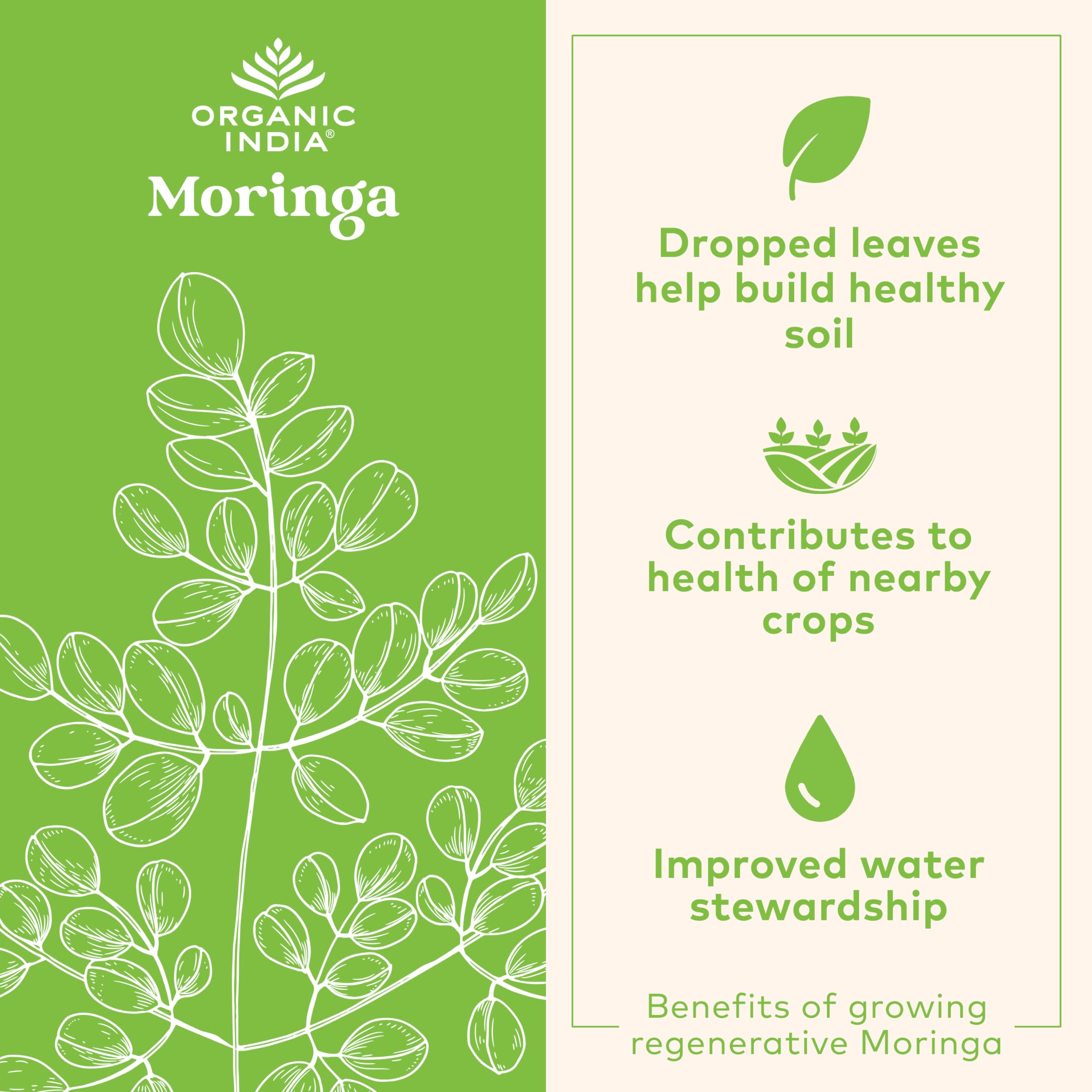 ORGANIC INDIA Moringa Herbal Supplement - Green Superfood, Nutrient Dense, Pure Plant Protein, Vitamin A, E, K, Iron, Calcium, Fiber, Vegan, Gluten-Free, USDA Certified Organic - 90 Capsules