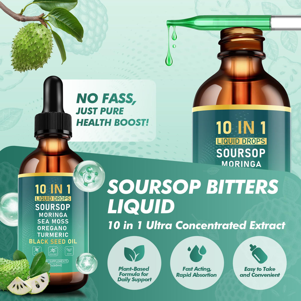 Dobeko Soursop Bitters Liquid Drops, Bitter Herbs with Soursop Extract, Ashwagandha, Sea Moss & Black Seed Oil, Formulated for Immune Wellness, Antioxidant Support & Healthy Digestion, 2 FL Oz