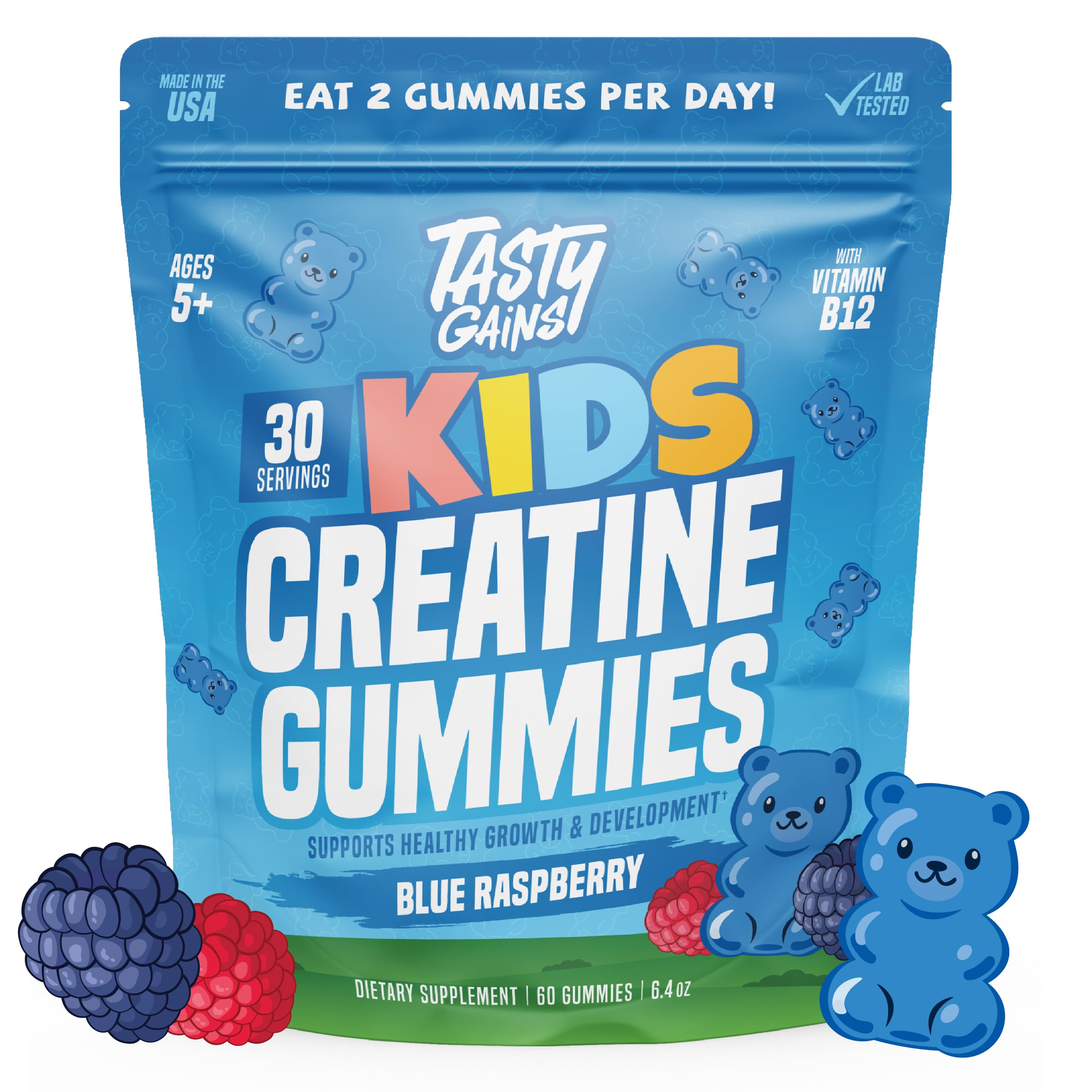 TASTY GAINS Kids & Teen Creatine Gummies with Vitamin B12 for Advanced Growth Support, Youth Sports Performance & Cellular Muscle Hydration Chewables, Ages 5+ (Strawberry, 60 Count)
