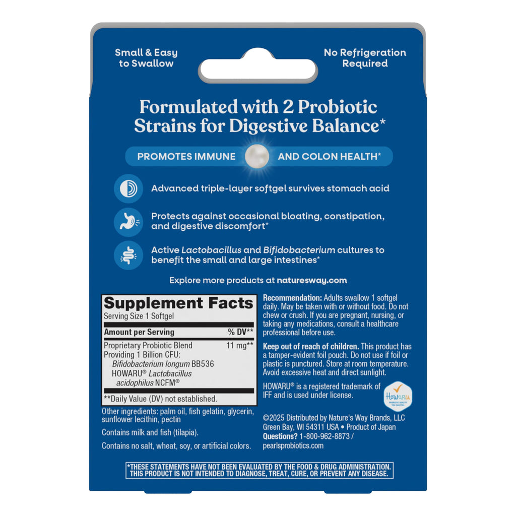 Nature's Way Probiotic Pearls Acidophilus Softgels, 1 Billion CFU, 90 ct | Supports Digestive Balance & Gut Health*, Reduces Occasional Constipation and Bloating*, 1 Billion CFU, No Refrigeration
