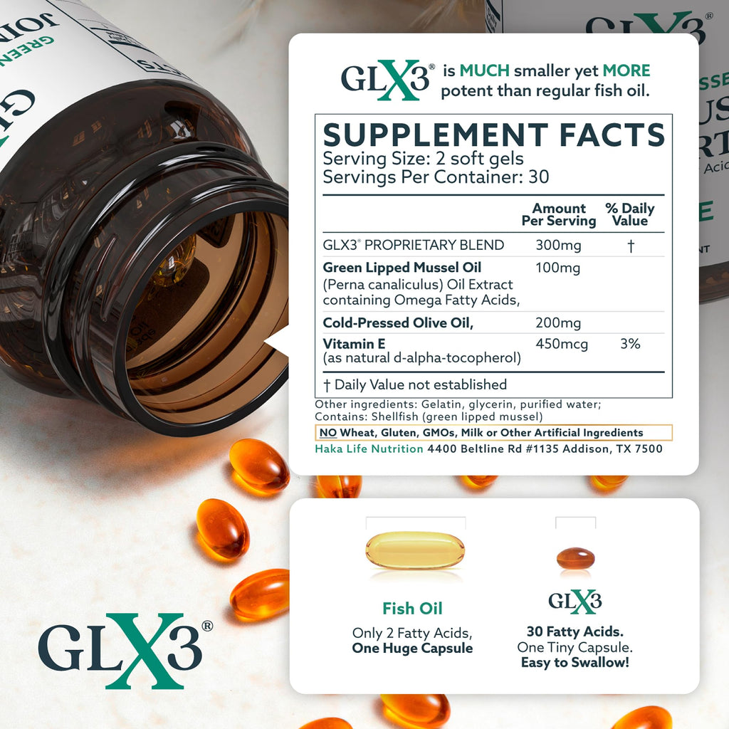 Haka Life GLX3 Green Lipped Mussel Oil Capsules for Joint and Muscle Support | Extra-Strength Omega-3 Green Lipped Mussel Supplement for Comfort, Flexibility & Recovery | Contains ETA, EPA, DHA
