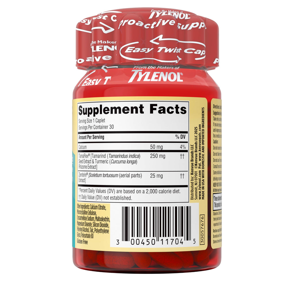 Tylenol Proactive Support Muscle & Joint Supplements + Stress, 30 ct | Drug-Free, Tamarind + Turmeric Supplement, Sceletium Extract, Improves Joint Comfort & Flexibility
