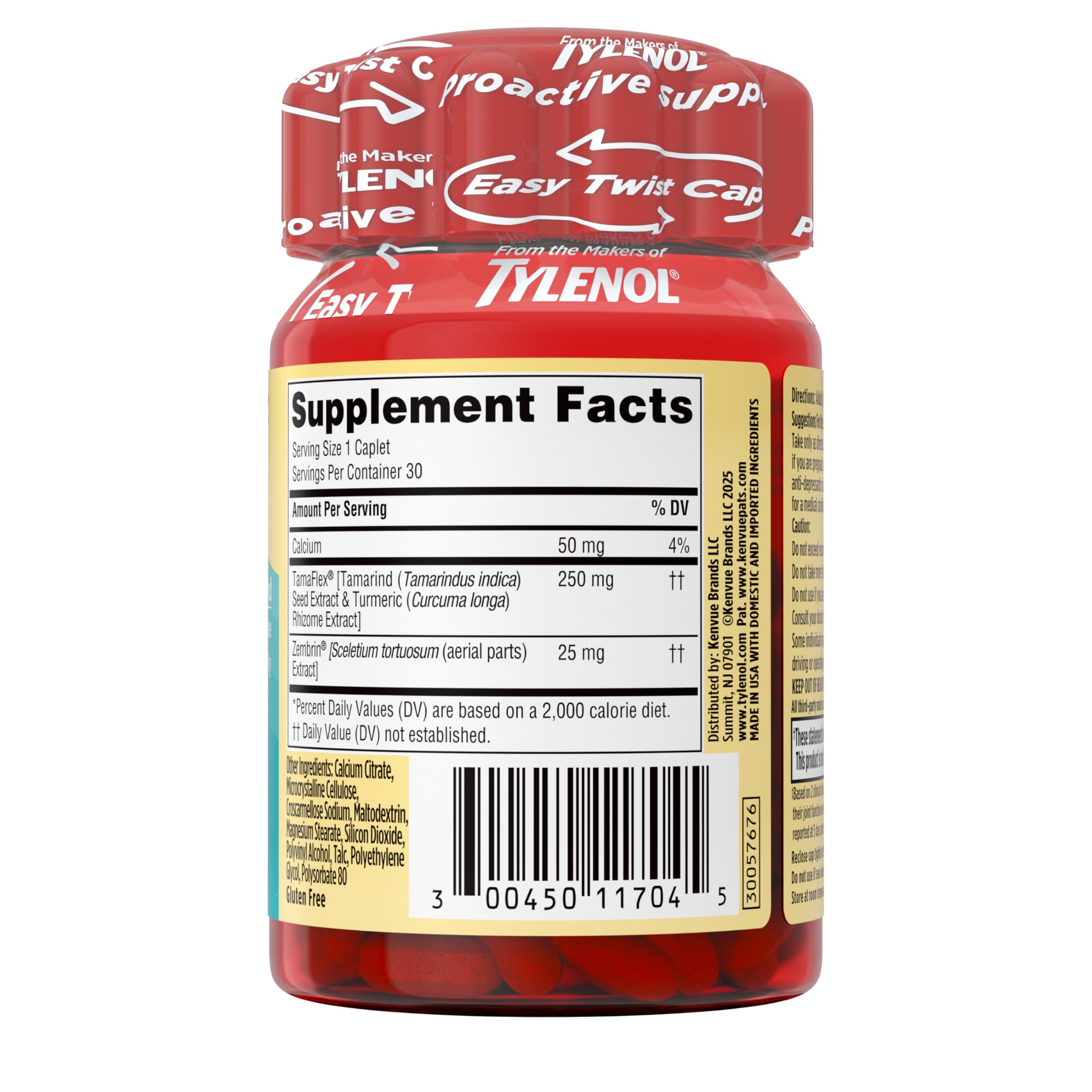 Tylenol Proactive Support Muscle & Joint Supplements + Stress, 30 ct | Drug-Free, Tamarind + Turmeric Supplement, Sceletium Extract, Improves Joint Comfort & Flexibility
