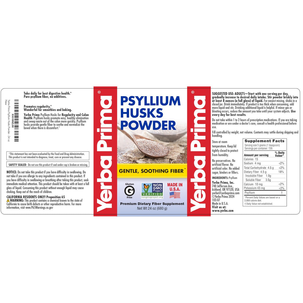 Yerba Prima Psyllium Husks Powder - 24 oz (Pack of 2) - Unflavored - Fine Ground - Natural Fiber Supplement with Soluble & Insoluble Fiber