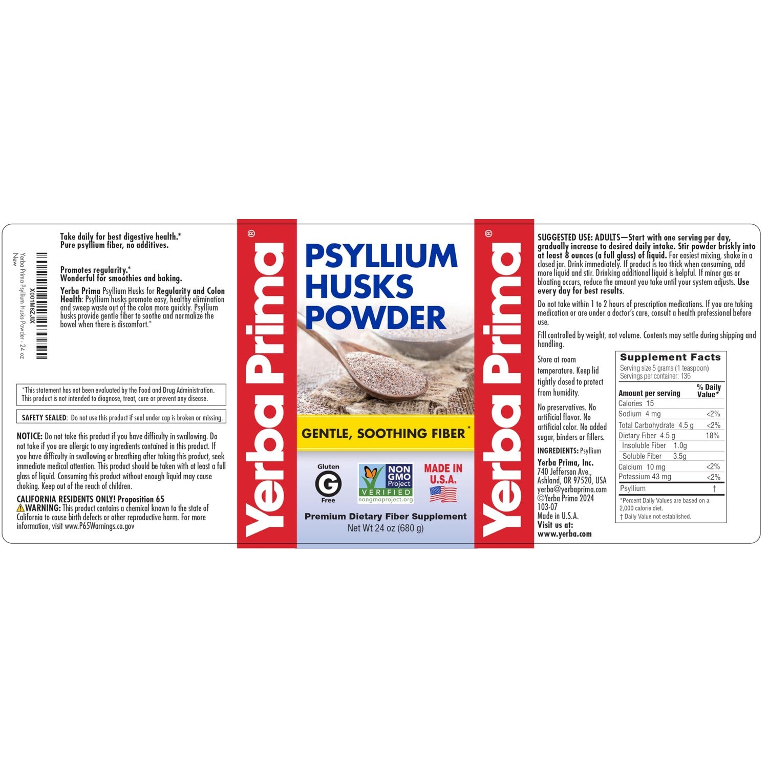 Yerba Prima Psyllium Husks Powder - 24 oz (Pack of 2) - Unflavored - Fine Ground - Natural Fiber Supplement with Soluble & Insoluble Fiber