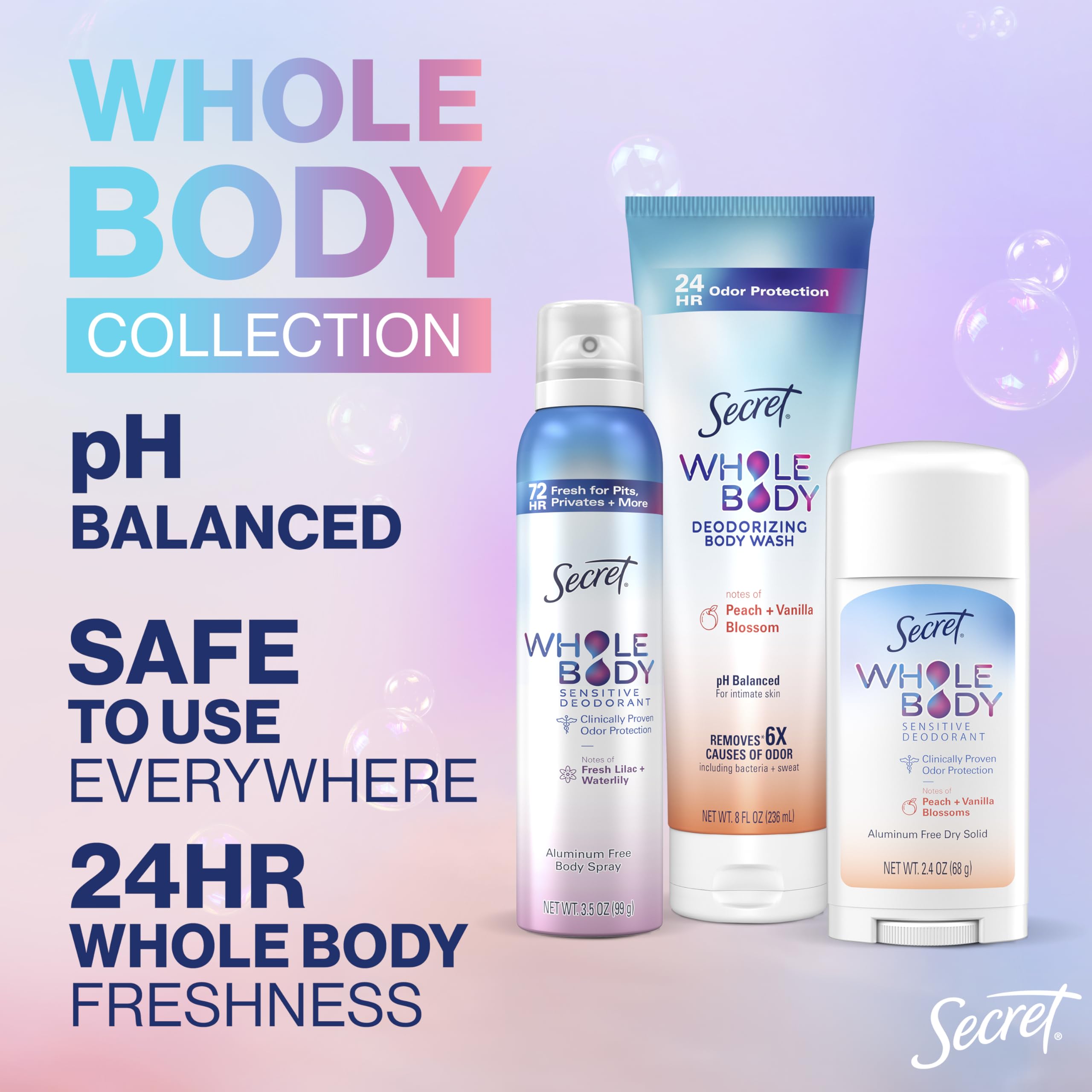 Secret Whole Body Deodorant Dry Feel Stick + Absorbs Sweat for Women, Naturally Derived Ingredients, Completely Clean Scent, Aluminum Free Deodorant Stick, 72 HR Odor Protection, 2.4 oz